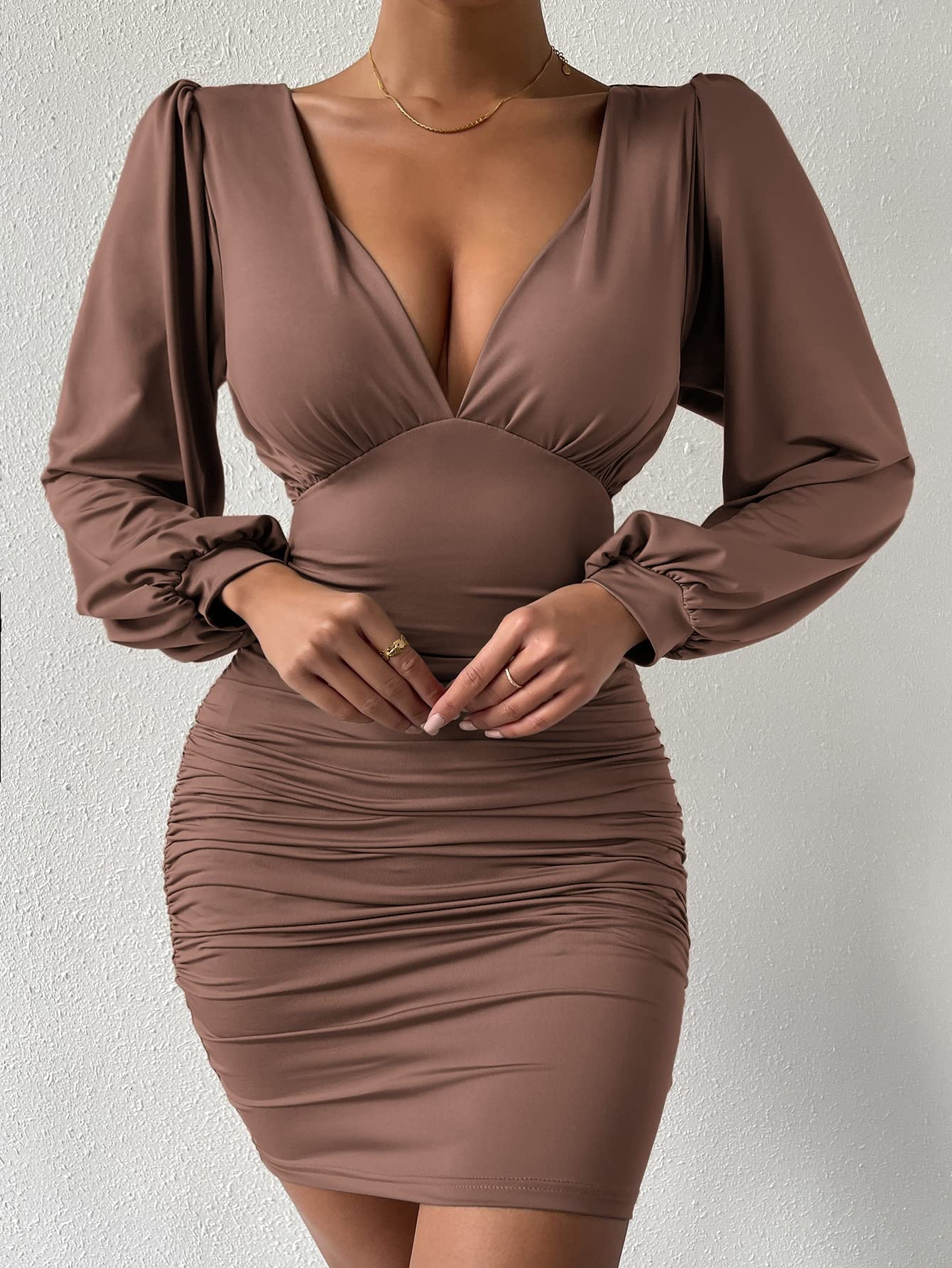ruched lantern sleeve solid bodycon dress Amazon.com: Women's Dresses Deep Neck Lantern Sleeve Ruched Bodycon Dress  Dress for Women (Color : Coffee Brown, Size : Small) : Clothing, Shoes &  Jewelry