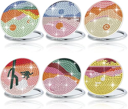 6 piezas Mandragora Paisaje Girasoles Diamante Pintura Espejo DIY Espejo de Maquillaje Forma Redonda con 2X 1x Ampliación Diamante Arte Artesanía