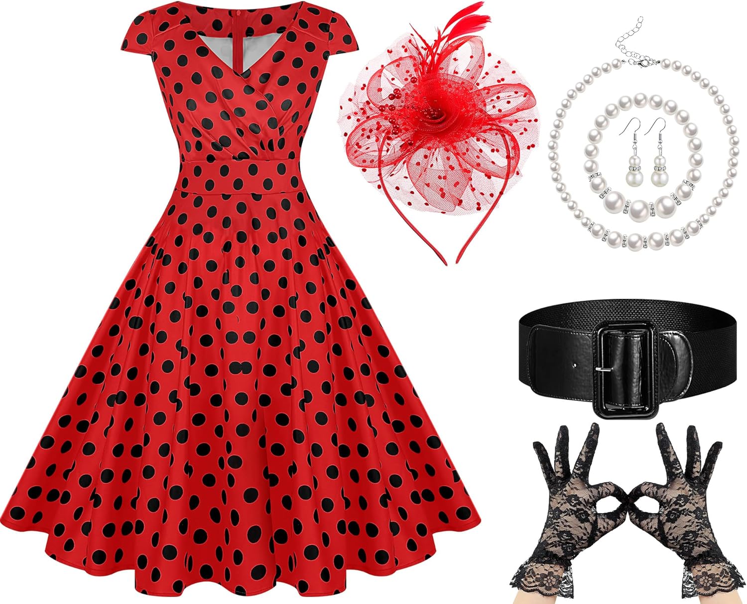 6 Pcs Vintage Swing Dress for Women 1950s, Polka Dot Dresses Tea Party Outfit Costume for Retro Derby Cocktail