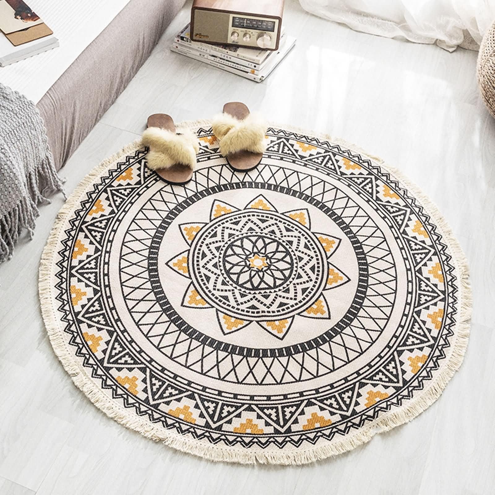 Teppich Wohnzimmer Rund, Baumwoll-Leinen Vintage Böhmische Blumen 150CM Teppich für Wohnzimmer, Küche Schlafzimmer, & Kinderzimmer, Grau Gelb, Stil 1