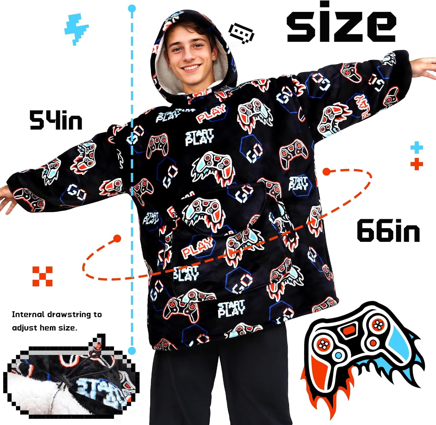 REXEO Wearable Blanket Hoodie Fleece Sweatshirt Blanket Gamer Gifts for Men Boyfriend Dad Flannel Hooded Blanket with Pocket and Sleeves for Adult - Image 2