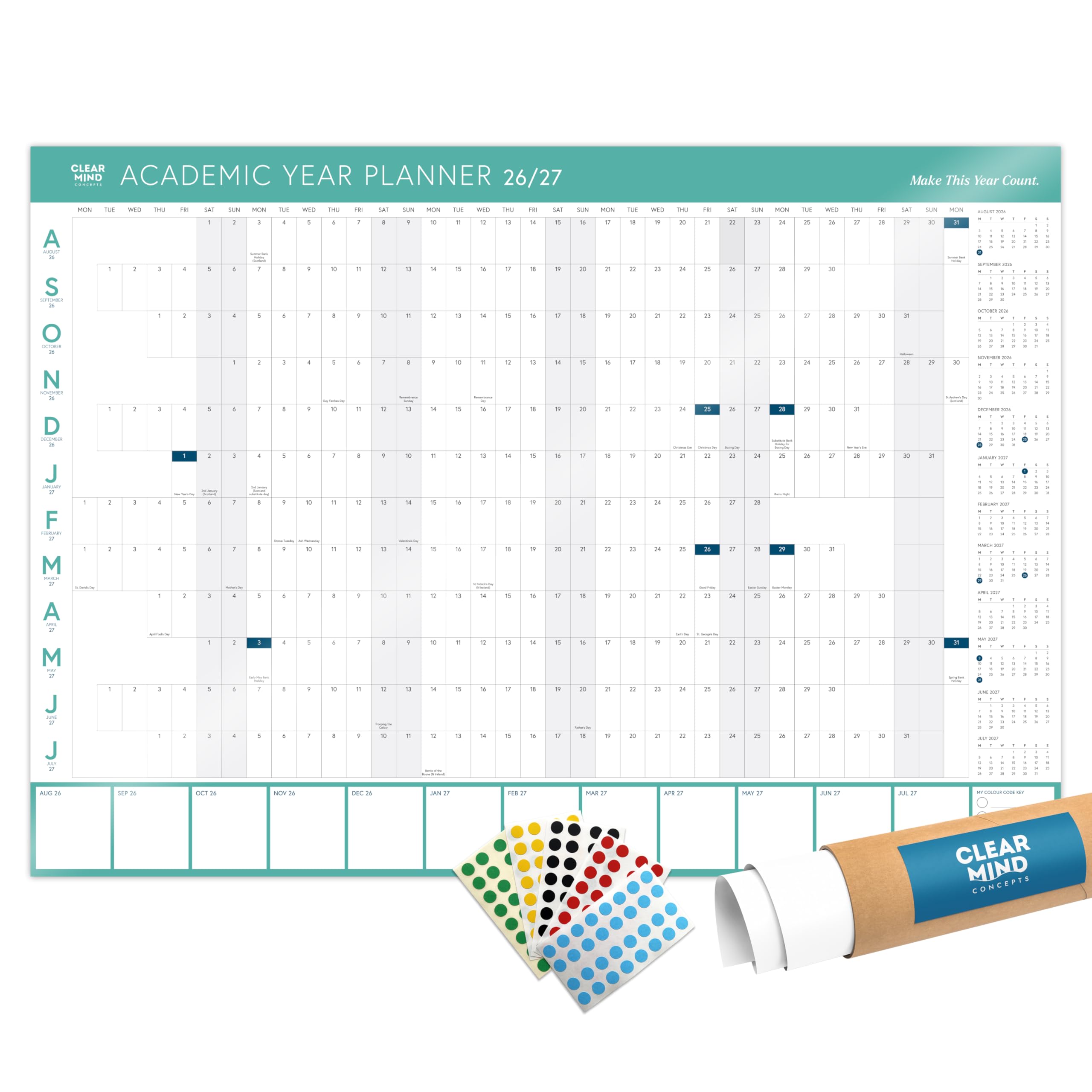 A1 Laminated Academic Wall Planner 2026-2027 Modern Green Student Year Planner Dry Wipe August to July Study Wall Chart with 160 Colour Coding Dots