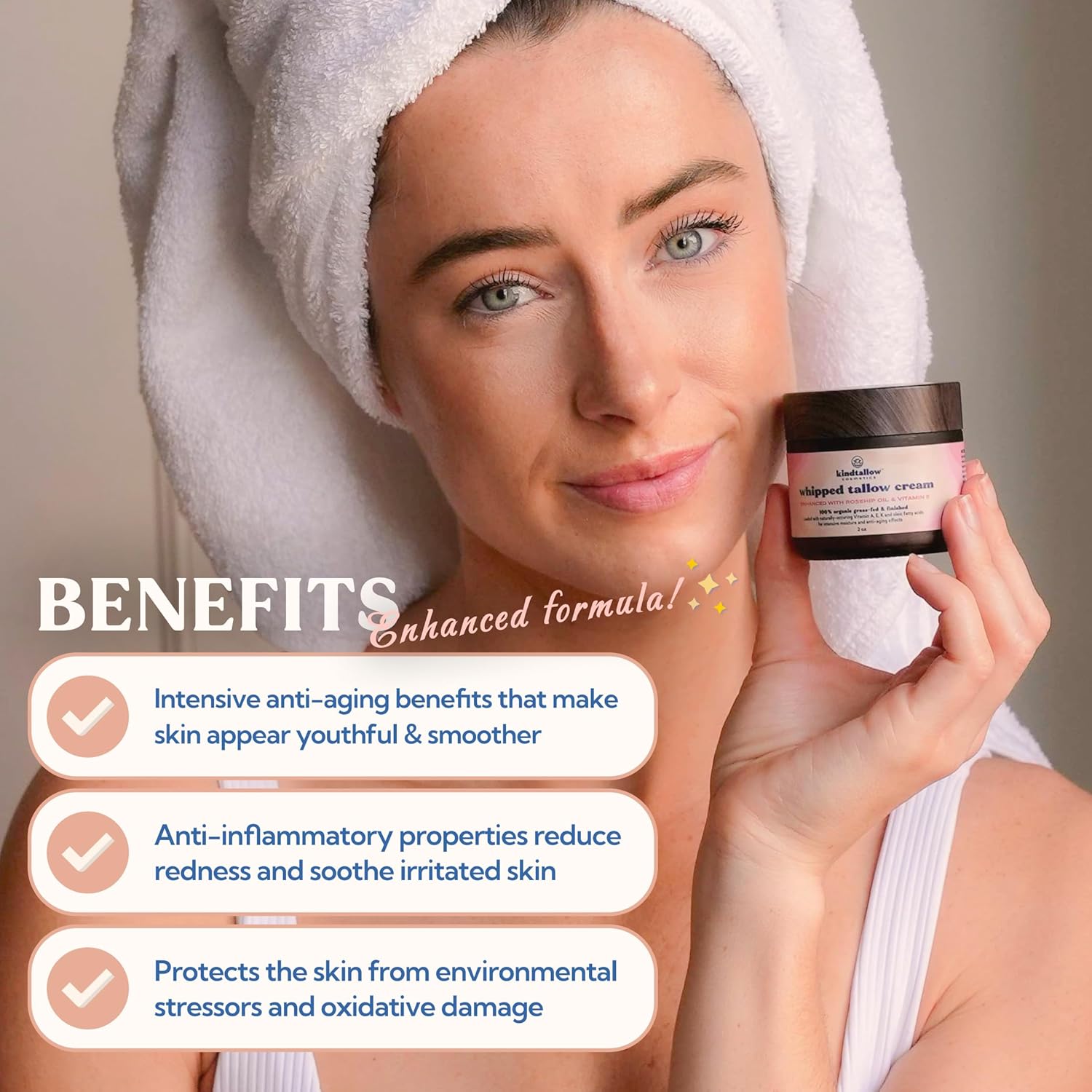 Beef Tallow for Skin - Organic Tallow Face Moisturizer and Body Butter from 100% Grass Fed Beef Tallow, (Rosehip + Vitamin E) Made with Jojoba Oil for Sensitive Skin, Eczema, Baby, 2 oz