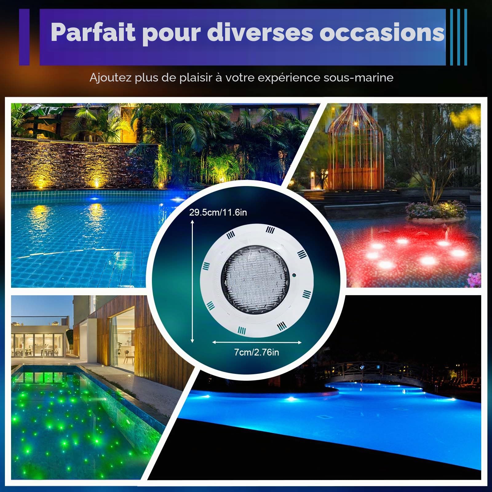 LED 45W Lampe Piscine LED RGB, Étanche IP68, Éclairage avec télécommande,Projecteur Piscine Submersible Lumière 12V AC, 11 Modes D'éclairage, blanc
