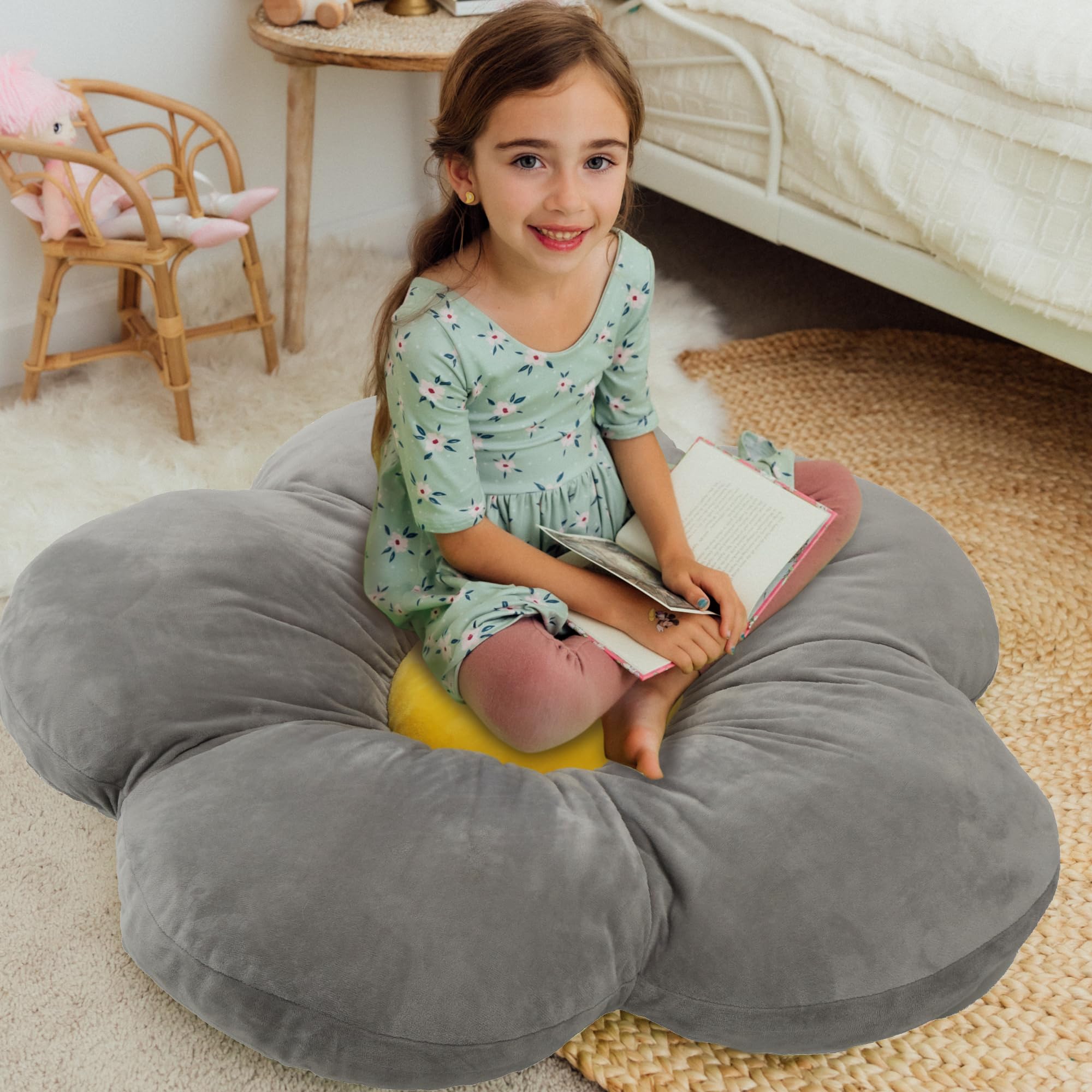 Butterfly CrazeDaisy Lounge Flower Pillow - Large 35 Inches Cozy & Stylish Floor Cushion, Perfect Seating Solution for Teens & Kids, Machine Washable Aesthetic Decor, Plush Microfiber, Gray