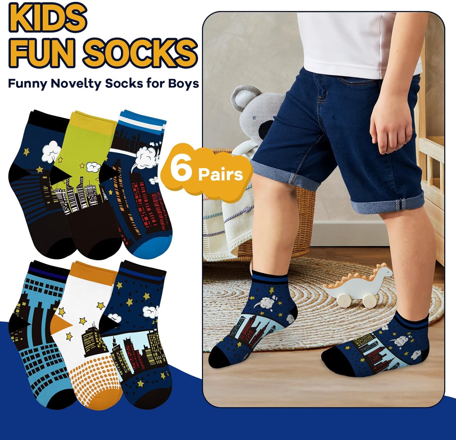 6 Pairs Kids Boys Ankle Socks Low Cut Cartoon City Buildings Funny Sock Breathable No Show Socks aged for 1-7Years - Image 2