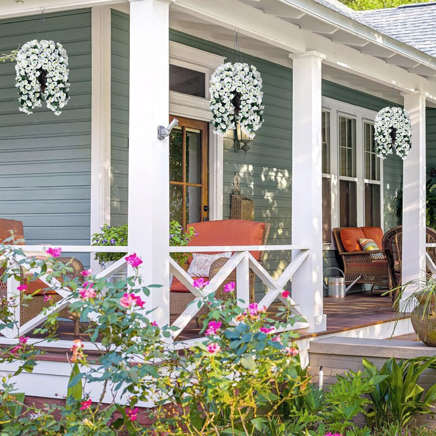 Artificial Fake Flowers Plants Hanging Baskets for Outdoor Outside Winter Christmas Decor, Faux Silk Hanging White Morning Glory Trailing Vines UV Resistant for Porch Patio Home Decoration - Image 5