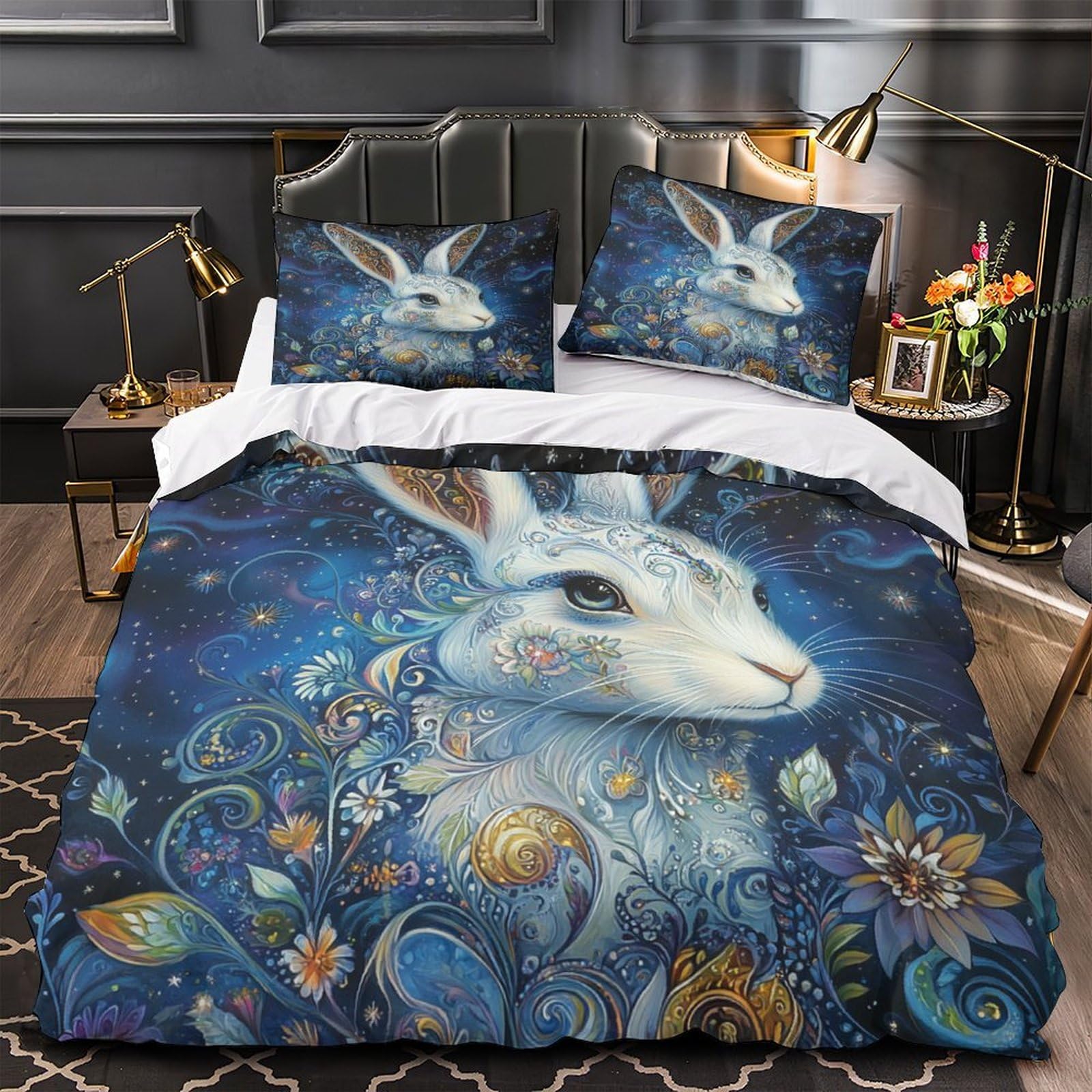 Drap de couette imprimé 3D lapin étoilé 260x220cm en microfibre haute densité