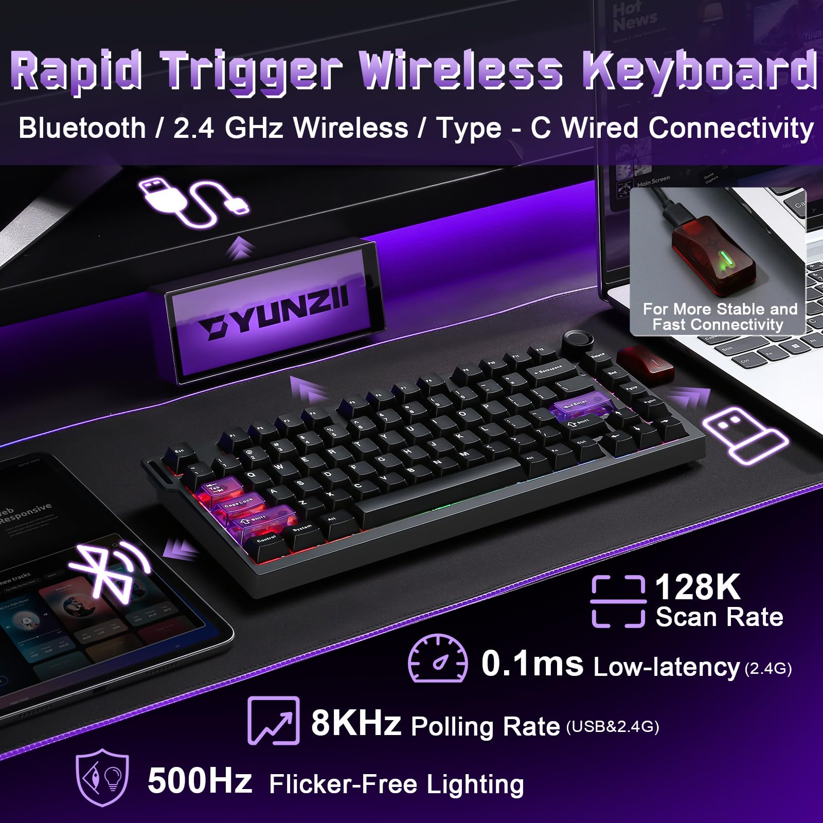 YUNZII RT75 PRO Tastiera Gaming Meccanica, Switch Hall Effect, Rapid Trigger, Bluetooth/USB-C/2.4G, 8KHz, Pulsante Regolabile, RGB, 75% Compatta, 8000mAh, TGL/SOCD/DKS/MT (Nero)