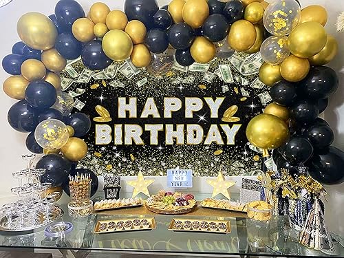 Miniatura 2 de Telón de fondo de cumpleaños de 5 x 3 pies, color negro y dorado con purpurina, fondo champán, casino de dinero 16, 18, para niños, niñas,