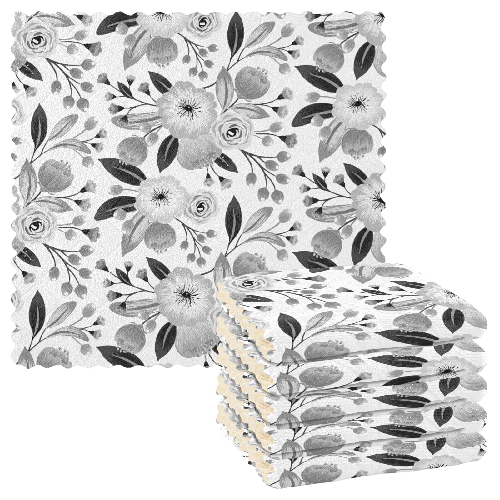 Poeticcity White,Grey Black Grey Floral Flowers On White 6 Set Kitchen Dish Towels, Washcloths Cleaning Cloths Dish Cloths, Absorbent Towels Lint Free Bar Tea Soft Waffle Towel 11"X11"