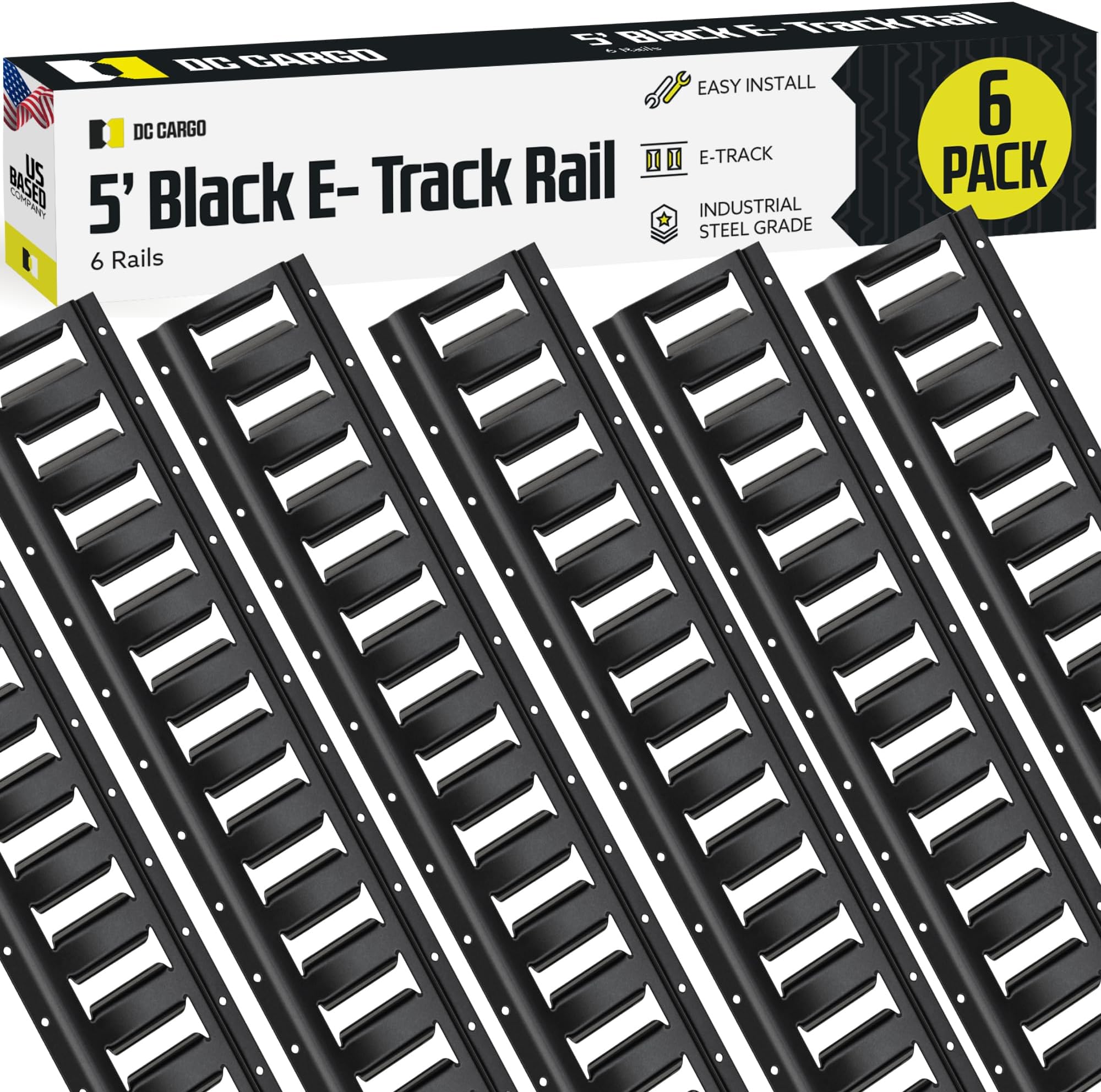 E Track Tie Down Rail Kit 5' (6 Pack) for Garages, Vans, Trailers, Motorcycle Tie Downs, ATV Mountings - ETrack Bar Rails – Powder-Coat Black - Secure Cargo & Heavy Loads Up to 2,000 lbs
