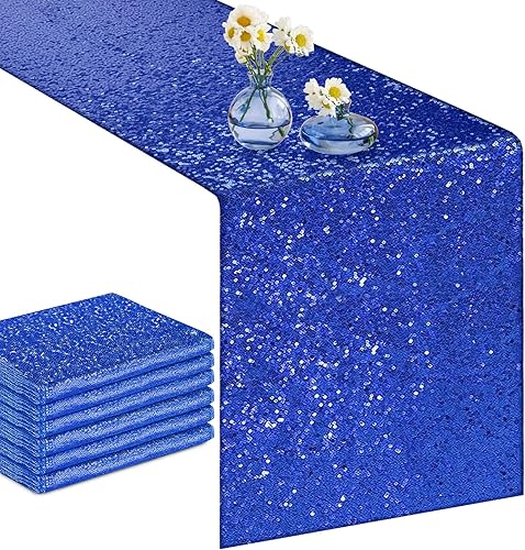 yuboo Paquete de 6 caminos de mesa azul rey con lentejuelas, camino de mesa azul primavera de 12 x 72 pulgadas, decoración de mesa brillante a