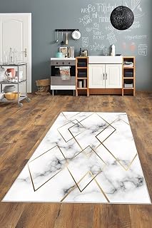 Pelangi Beyaz Mermer Desenli Gold Yıkanabilir Kaymaz Taban Leke Tutmaz Modern Salon Halısı Ve Yolluk, Beyaz-Gold 120 x 160, 1358223120160728