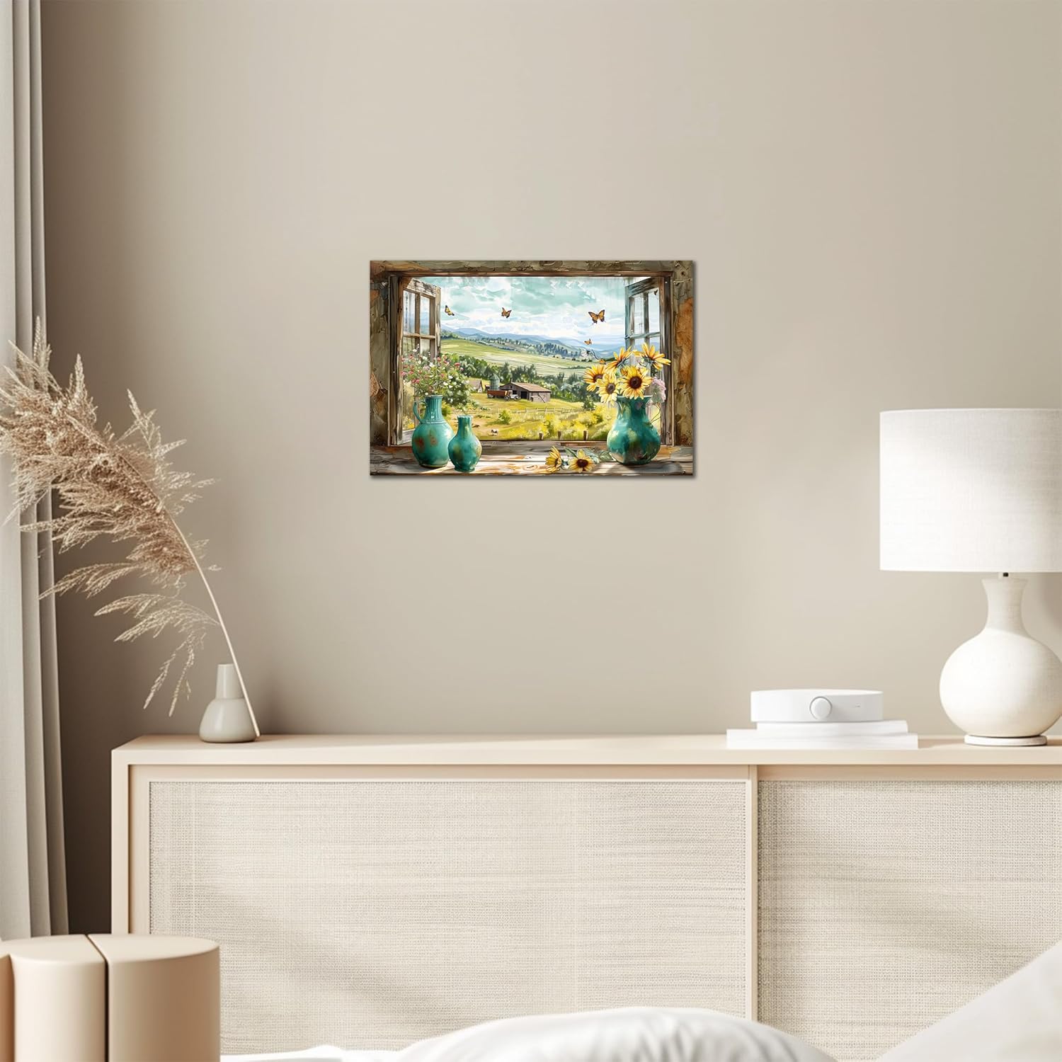 Farmhouse Flower Wall Art, Floral Wall Art Decor, Old Barn Pictures Rustic Sunflower with Butterfly Painting Prints, Country Landscape Style Window with Flower Pictures Artwork for Living Room 12"x18"