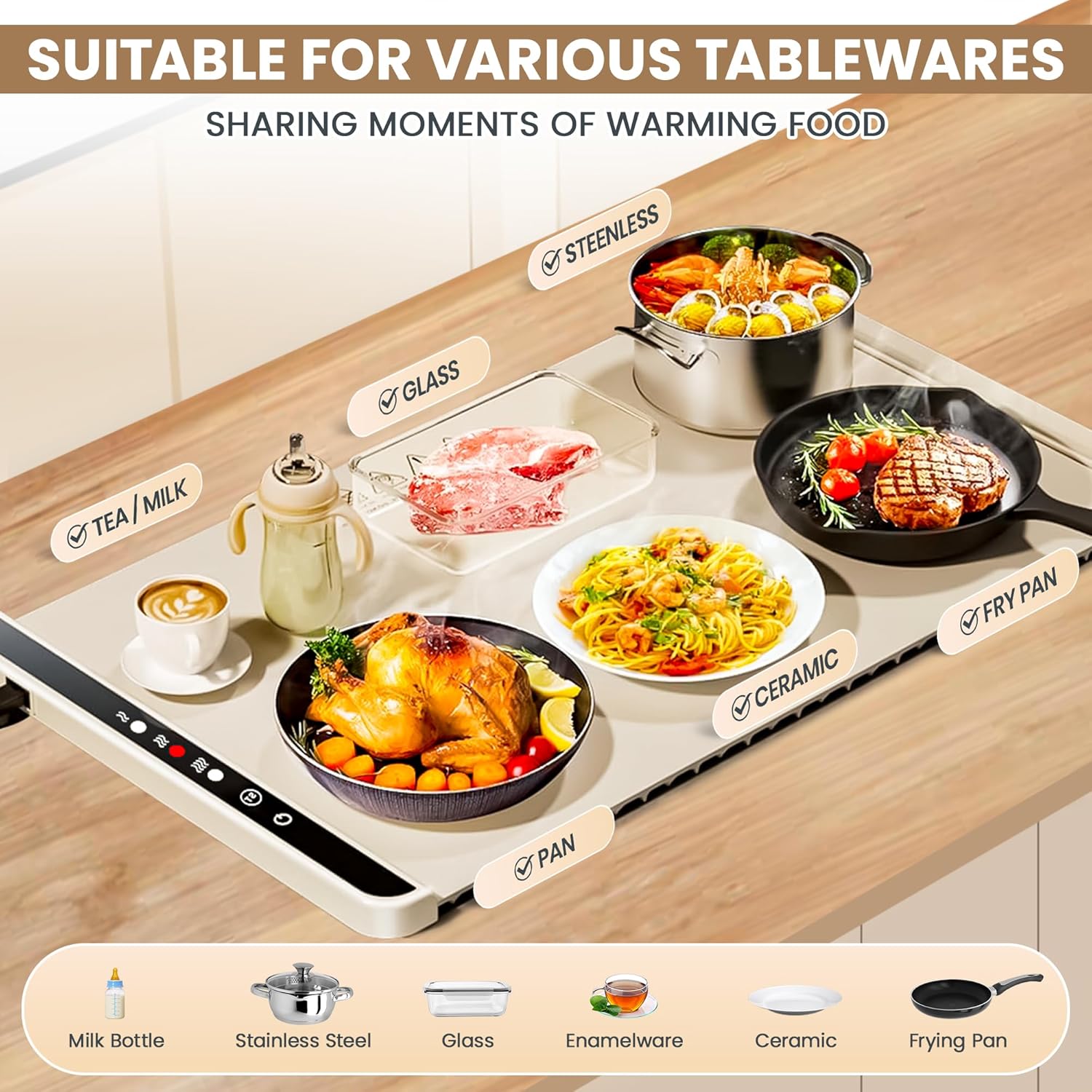 RFAQK Food Warming Mat, 26x15In Portable Food Warmers for Parties Buffet, Silicone Food Warmer Mat for Countertop with Adjustable Temp & Timer, Cream White