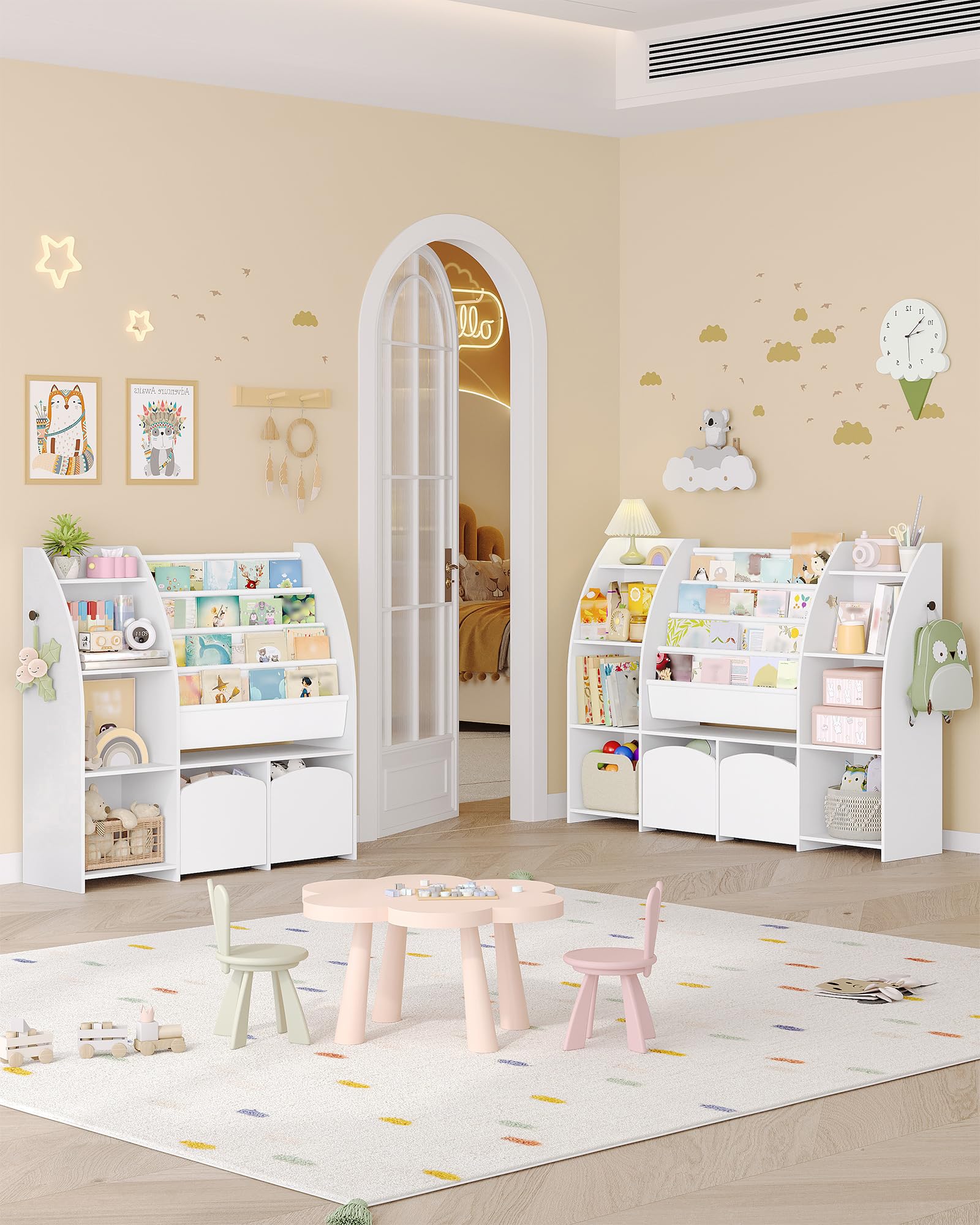 Hzuaneri Bibliothèque Enfant avec Porte-journaux, Meuble Rangement Enfant, Étagère à Jouets avec 2 colonnes, 4 étagères, 30 x 105 x 100 cm, Blanc KB12003W