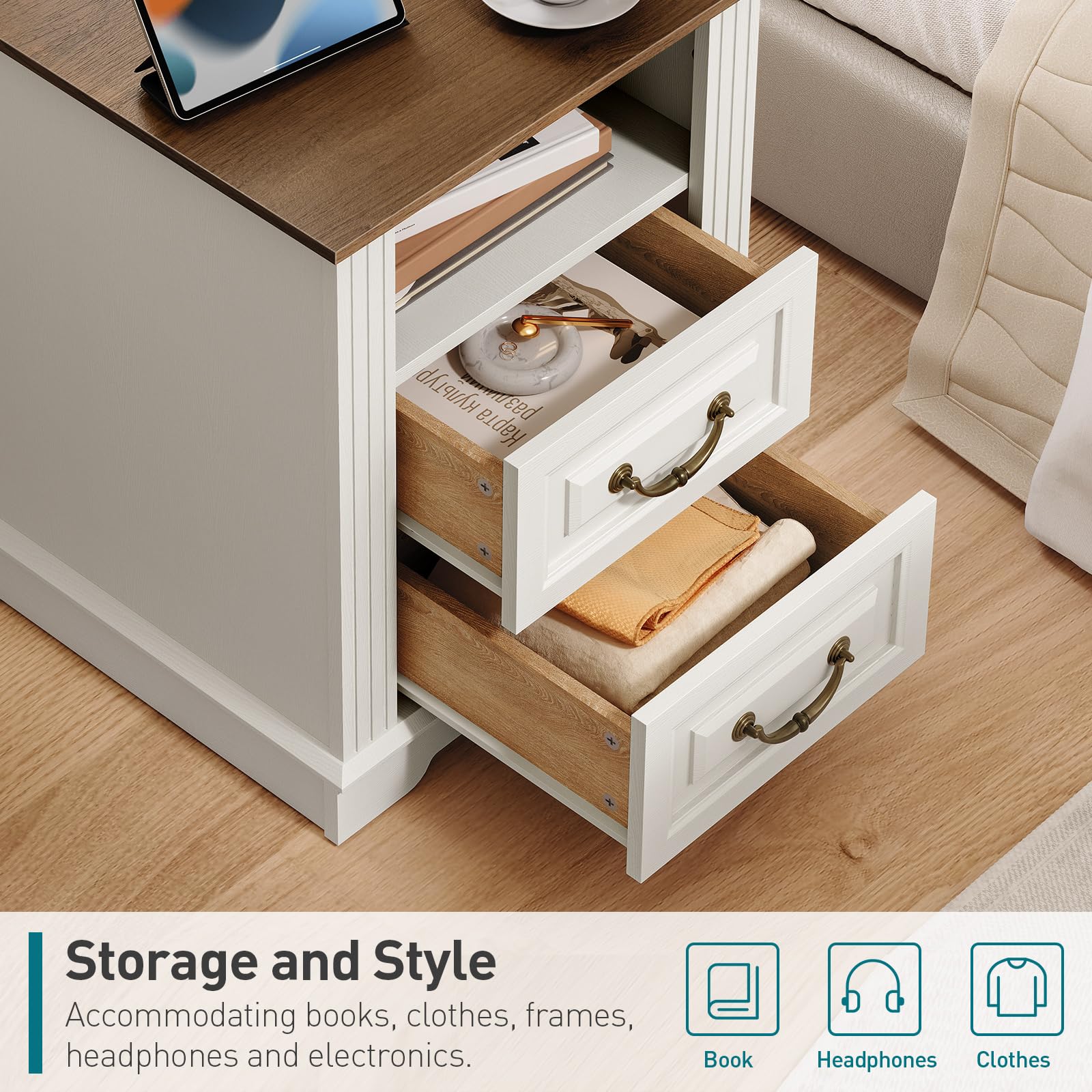 RALGEND Farmhouse Nightstand with Charging Station, Night Stand with 2 Drawers, — product photo