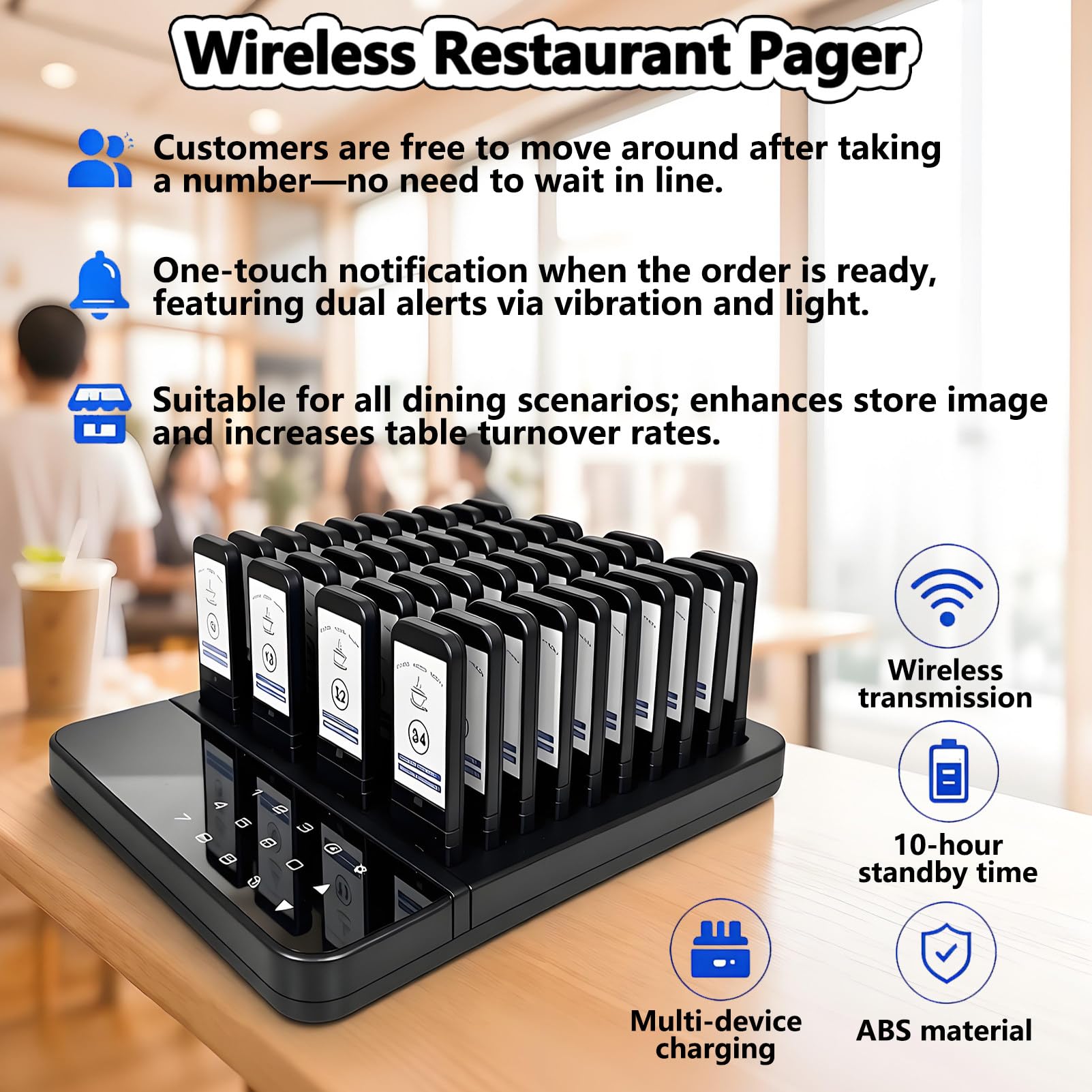 Bipeurs pour Restaurant, 40 Pagers sans Fil, Extérieur 800M, Système D'appel Favorisant la Distanciation Sociale pour Food Trucks, Cafés, Hôtels, Alertes par Vibration, Bip et Flash