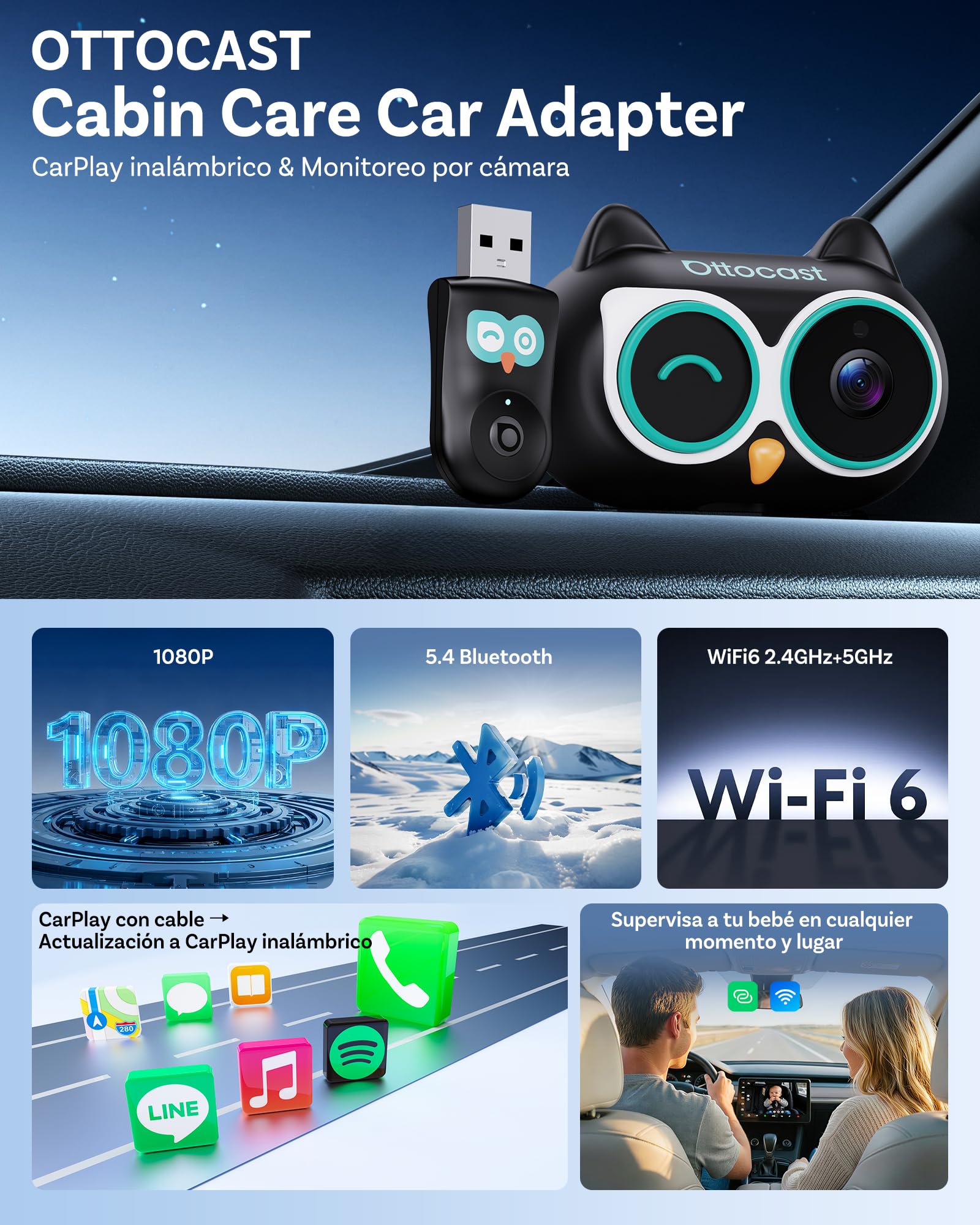 2026 Novedad Mundial Ottocast Cabin Care Car Adapter, Adaptador Carplay Inalámbrico con Bluetooth 5.4, Wi-Fi 2.4G+5G, Plug & Play, 1080p Full HD, Compatible con Coches Desde 2016 con CarPlay por Cable