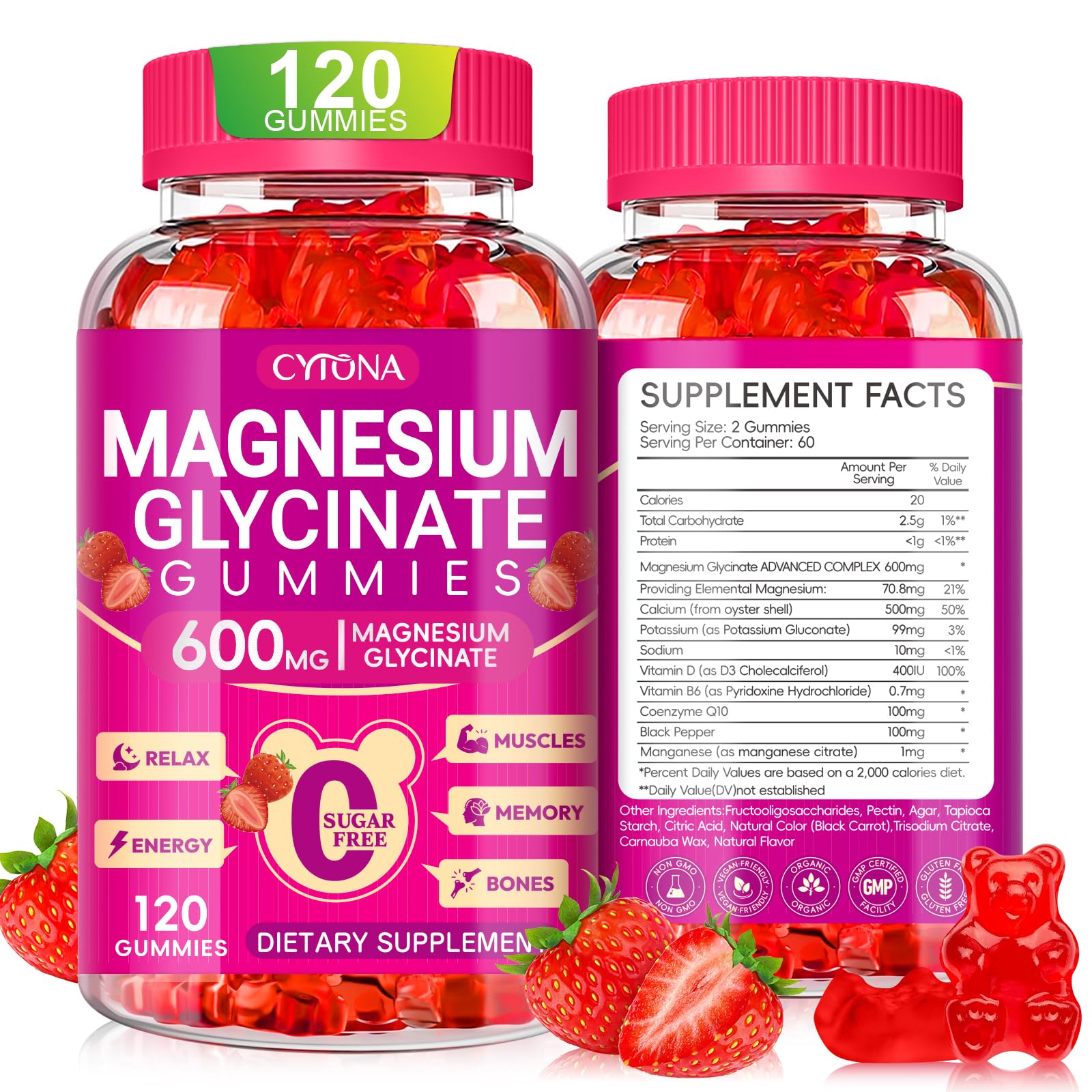 Magnesium-Glycinat-Gummien 600mg, Chewable Sugar Free Kalium Magnesium-Gummi-Gummi mit Magnesium-Glycinat, Vitamin D, B6 und CoQ10 für Schlaf, Entspannung, Gehirn und Muskel, 60 Tage Versorgung