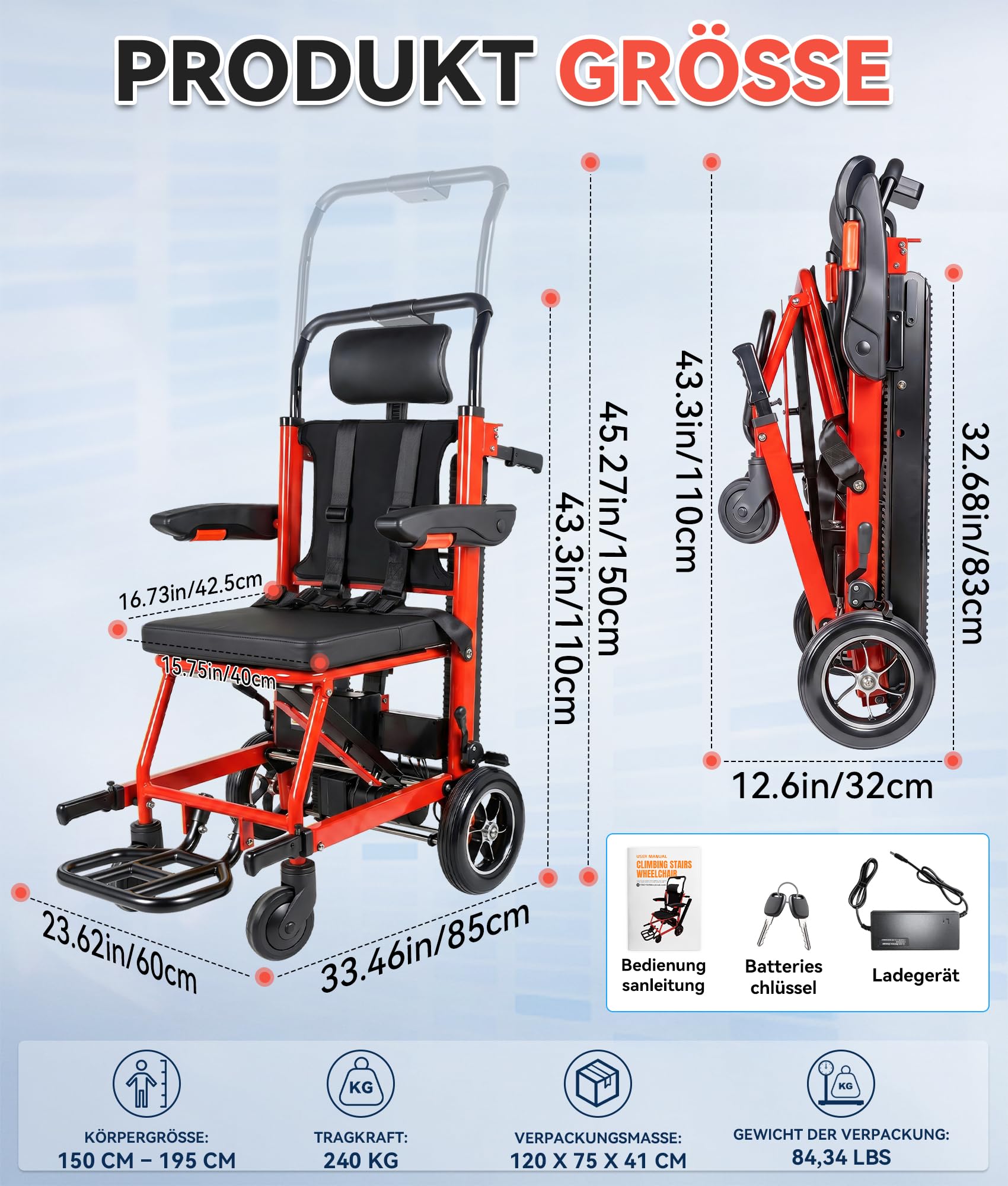Sedia a rotelle elettrica per scale pieghevole da 240 kg con cingolo in gomma, sedia a rotelle elettrica per salire le scale con LED e cintura a quattro punti, barella di evacuazione montascale