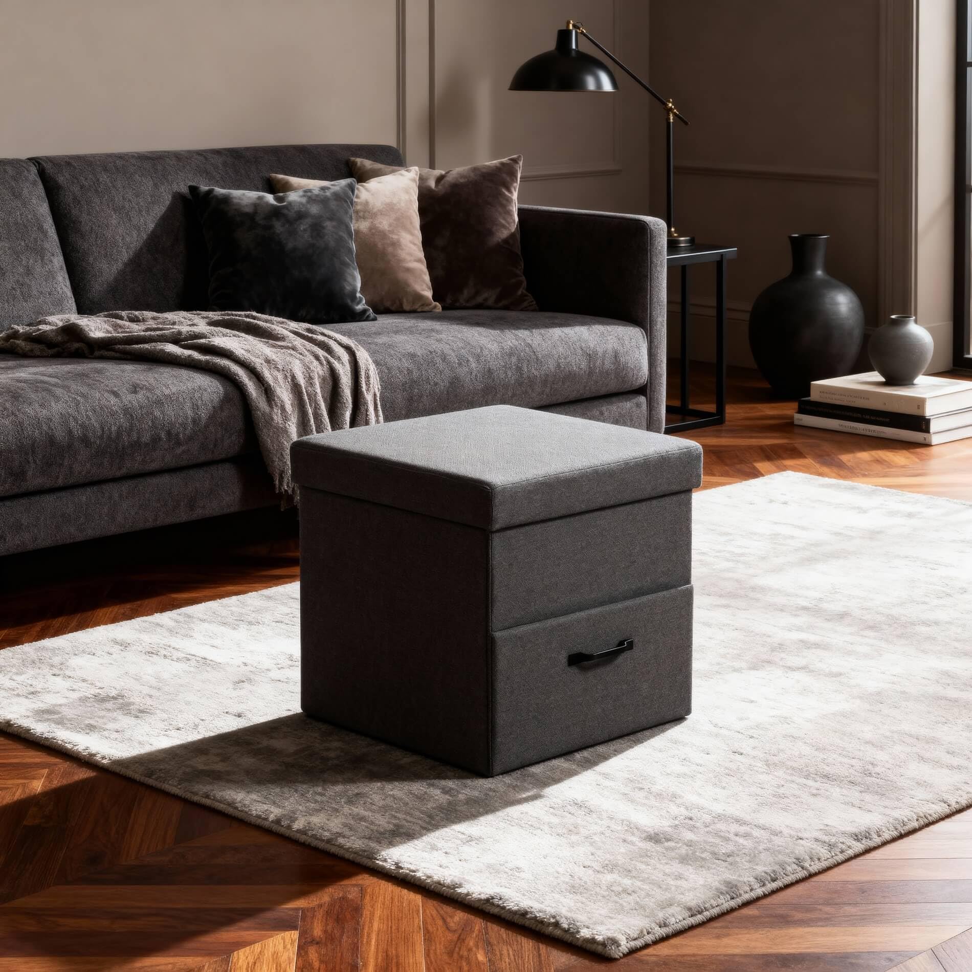 Rebecca Mobili Pouf de Rangement avec Tiroir, Gris Foncé, Structure en Bois MDF, Style Moderne – Dimensions HxLxP : 40 x 40 x 40 cm – Art. RE7242