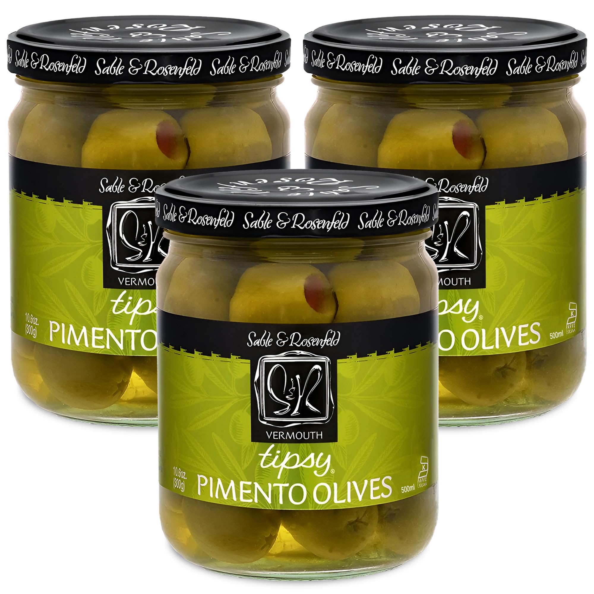 Tipsy Green Olives Stuffed with Pimento - Martini Stuffed Colossal Cocktail Olives with French Vermouth for Bloody Mary Condiments - Sable & Rosenfeld - 10.6 oz (Pack 3)