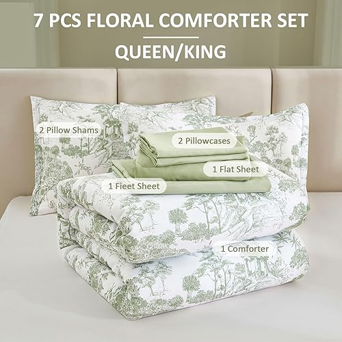 Miniatura 7 de DJY Juego de edredón tamaño Queen, color verde salvia, 7 piezas, ropa de cama en una bolsa, edredón botánico Queen con sábanas elegantes estampado