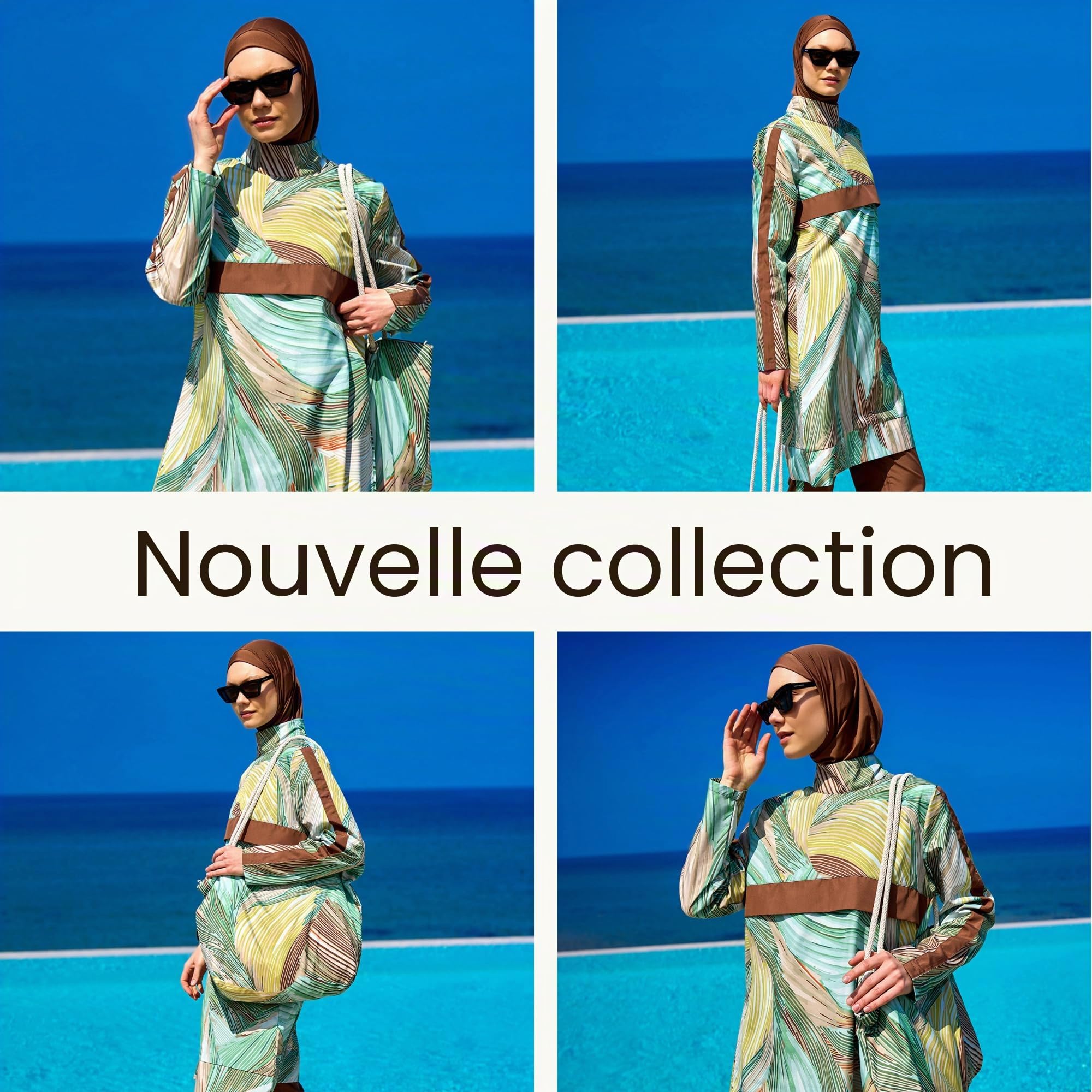 Ensemble burkini 4 pièces pour femme - Tunique, leggings, bonnet et sac de plage - Séchage rapide et imperméable - Mode tendance