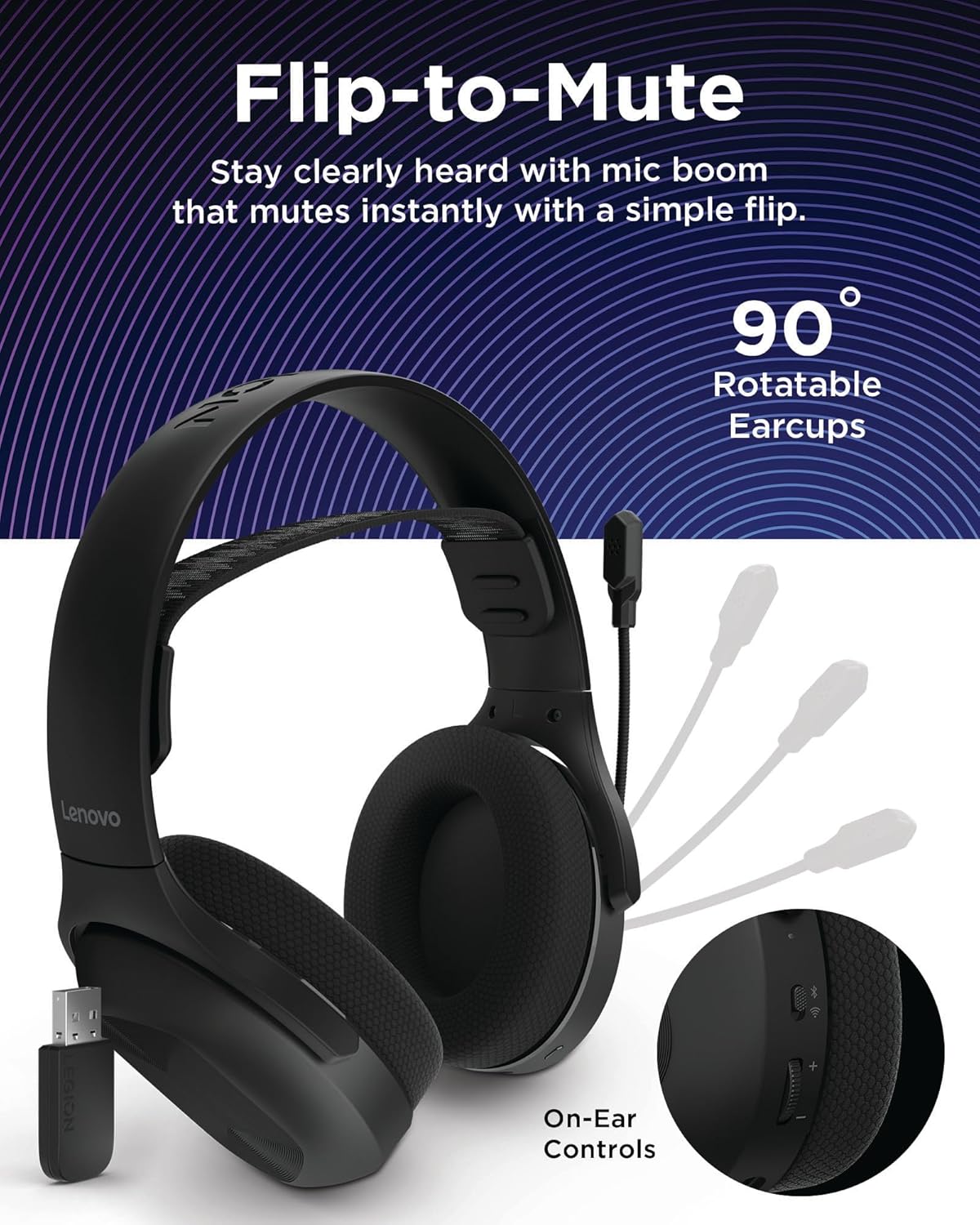 Lenovo Legion H410 Wireless Gaming Headset, Bluetooth or 2.4 GHz USB-A Connection, Lightweight (304 Grams), Adjustable Headband, Flip to Mute Mic, Black - Image 7