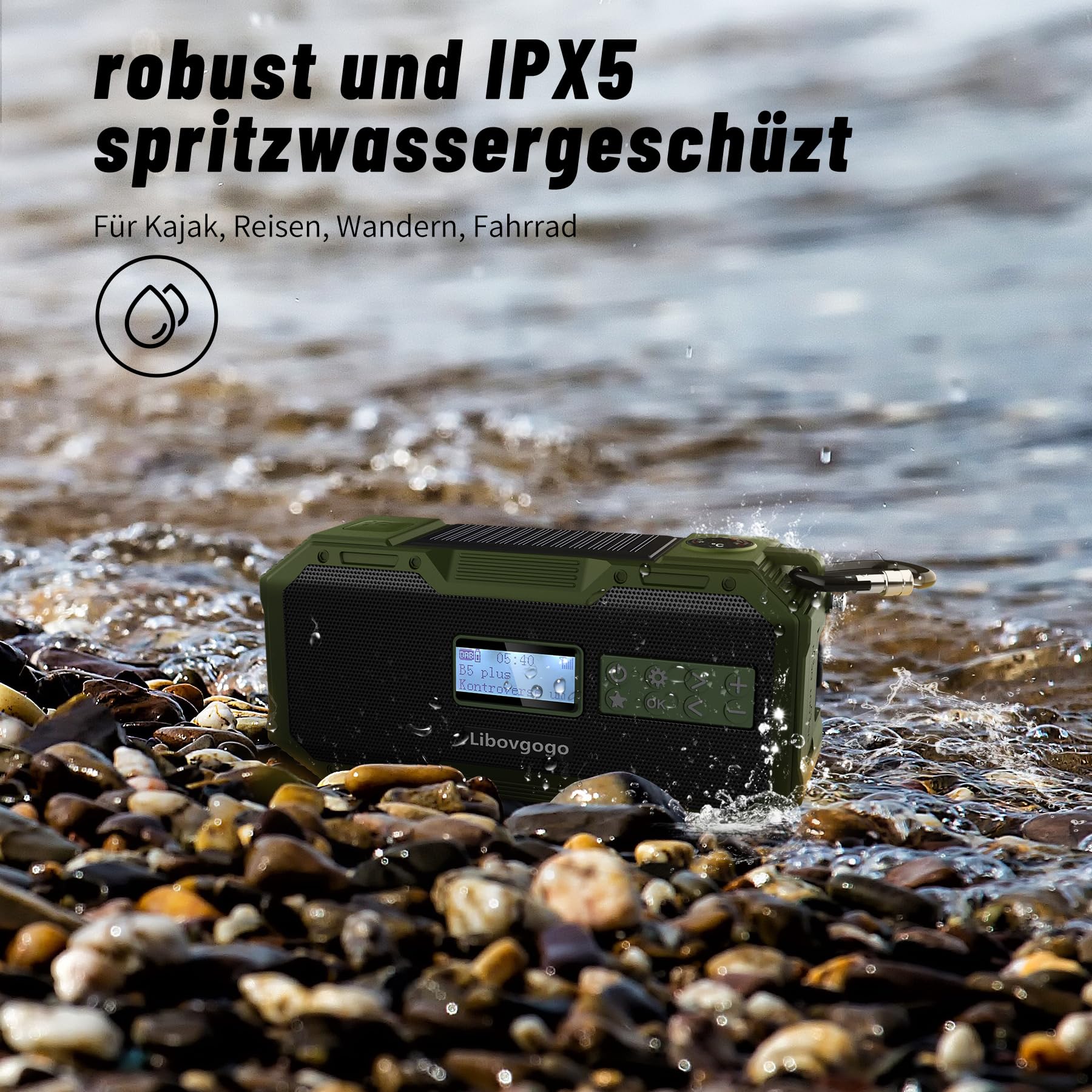 Libovgogo DF-587D Radio portátil DAB+ FM con altavoz Bluetooth impermeable, radio de manivela con función de carga de teléfono solar, batería externa de 5000 mAh, linterna, luz estroboscópica, luz de