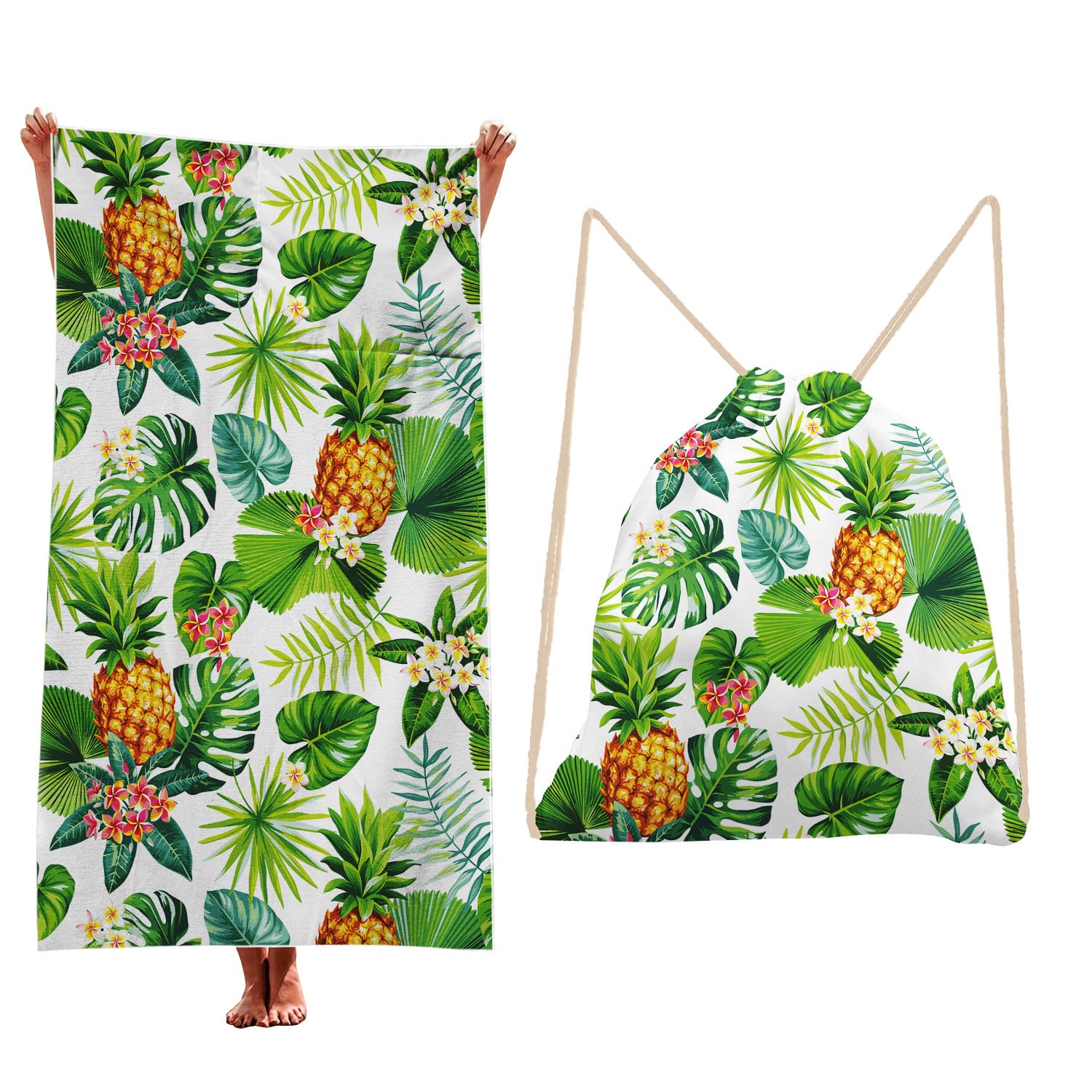 Treer Beach Towel That Turns Into a Bag, 3D Large Microfibre Beach Towels for Adults 2 in 1 Lightweight for Sun Loungers, Travel, Summer, Swimming, Gym, Sports, Yoga (Yellow Pineapple,90 * 180cm)