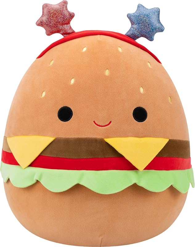 Original 14in Carl the Cheeseburger with Red and Blue Star Headband – Official Jazwares Plush (Large)