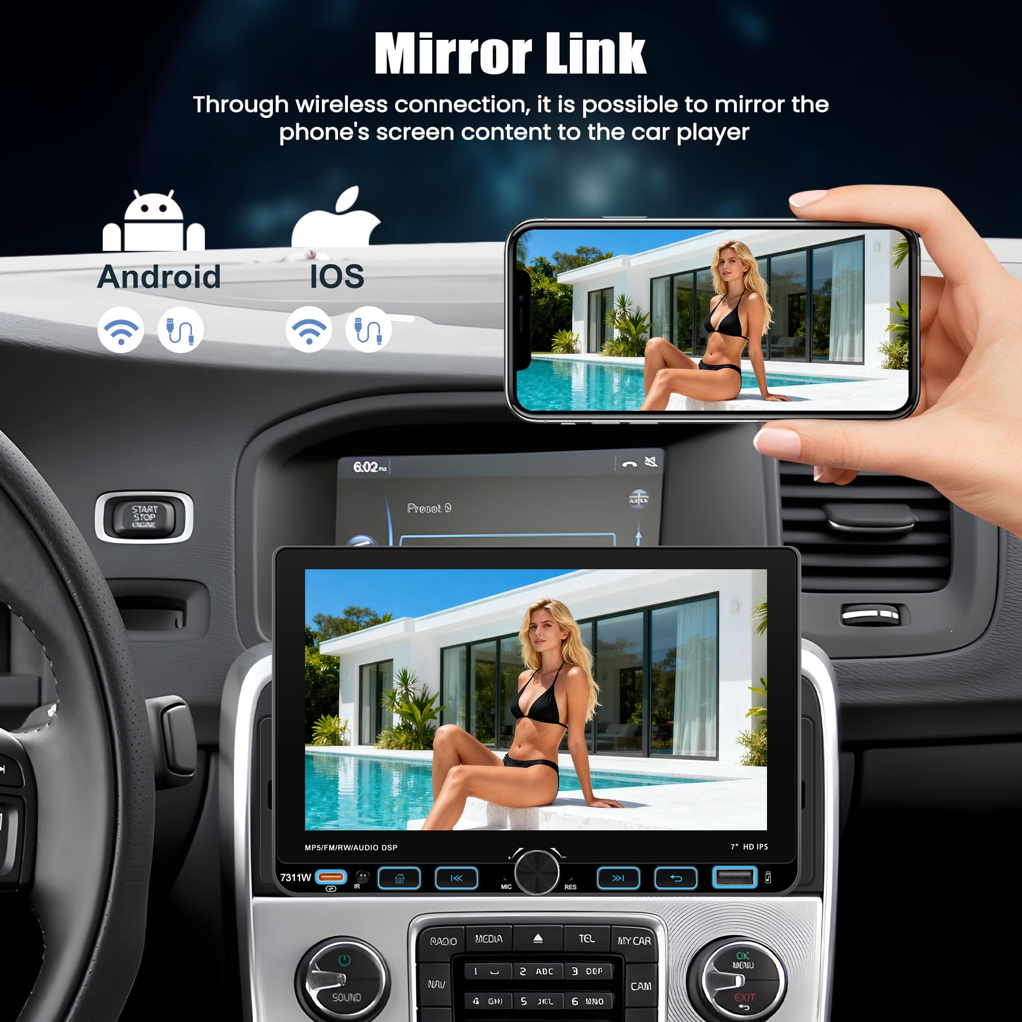 Wireless CARPLAY 1 DIN Autoradio avec Bluetooth Android Auto, 7'' IPS Ecran Tactile Car Play Voiture, 1 Din Bluetooth Radio avec Lien Miroir AM/FM/RDS MP5 USB SWC Rétroéclairage Couleur