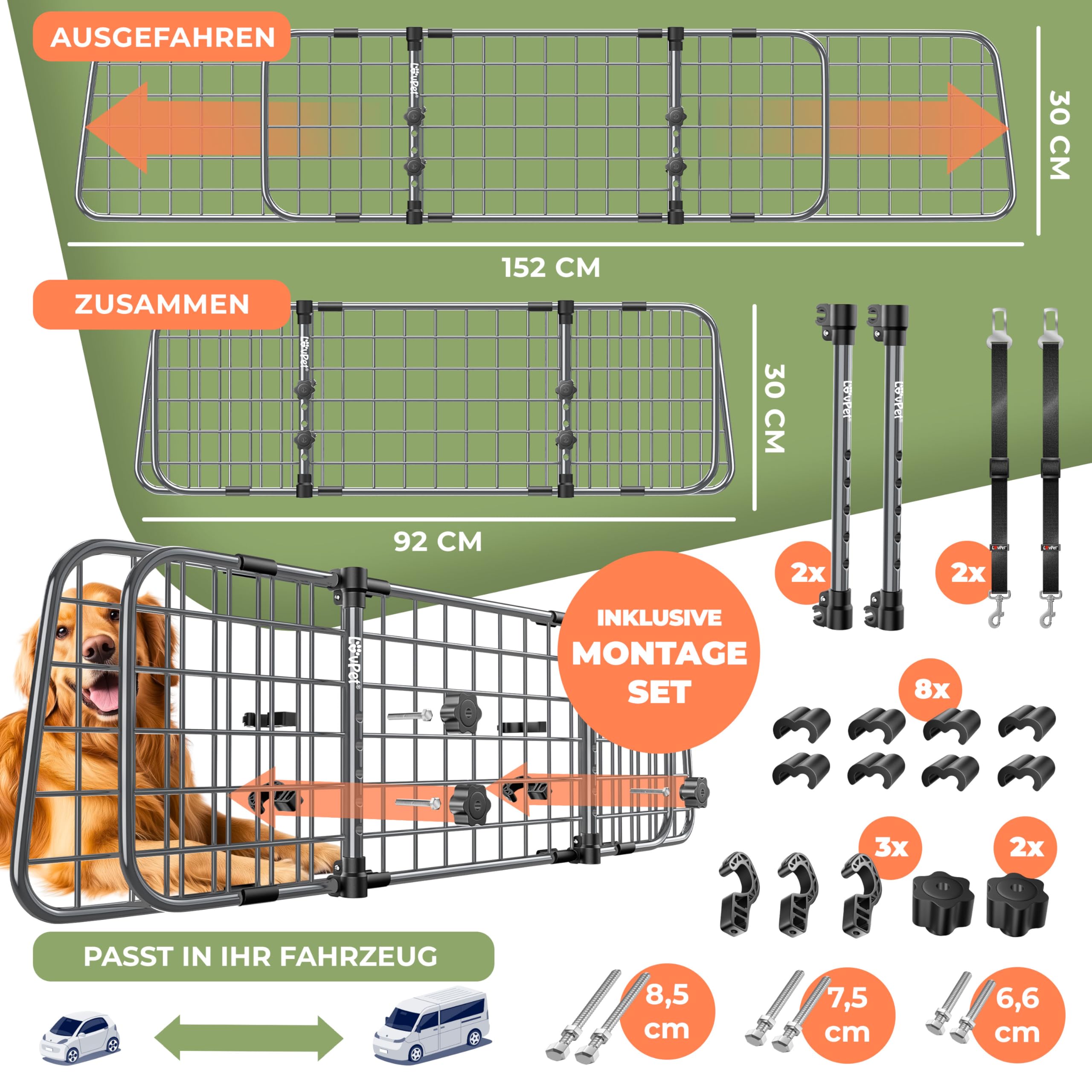 LOVPET® Rejilla de Seguridad para Coche, Rejilla de separación Universal, Ancho Ajustable, reposacabezas para el Maletero del Coche, Incluye 2 Cinturones de Seguridad para Perros (Anthrazit)