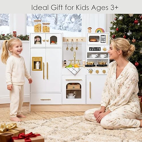 Miniatura 7 de Juego de cocina de madera - Cocina realista con estufa, fregadero, cafetera y 11 accesorios divertidos  Cocina de juguete Montessori para niños a