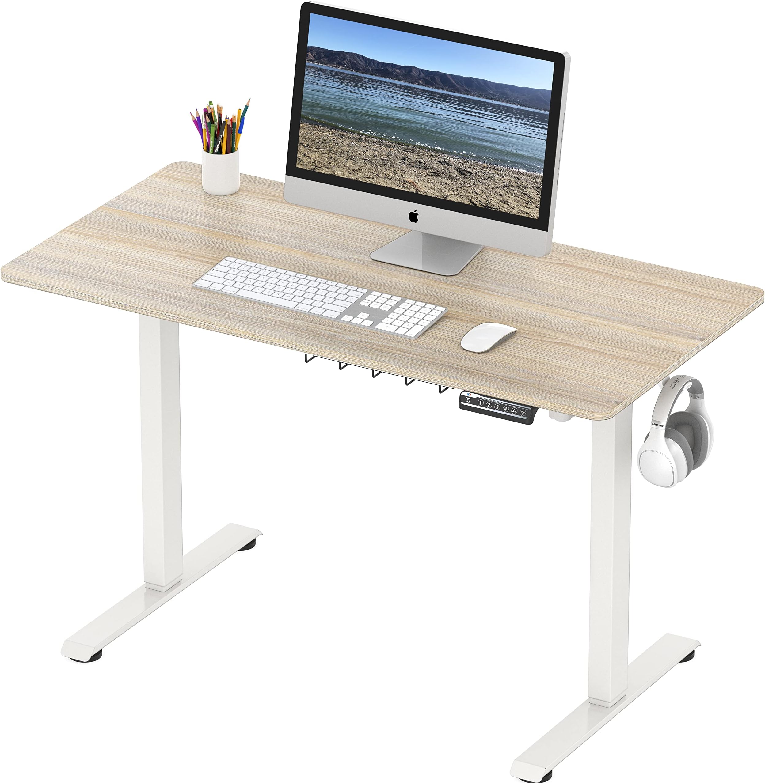 48-Inch Electric Height Adjustable Sit to Stand Desk with Hanging Hooks and Cable Management, White Frame and Maple Top