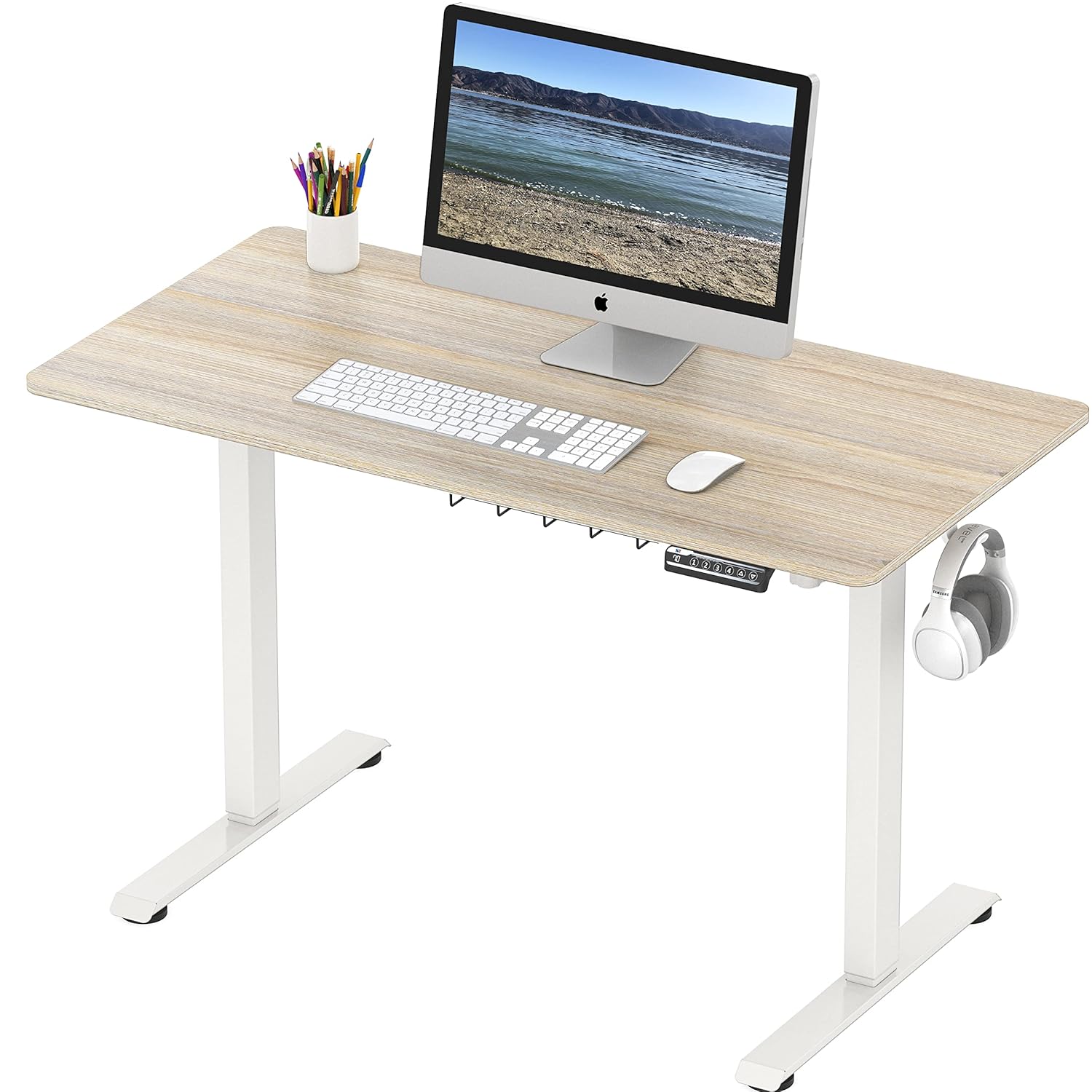 SHW 48-Inch Electric Height Adjustable Sit to Stand Desk with Hanging Hooks and Cable Management White Frame and