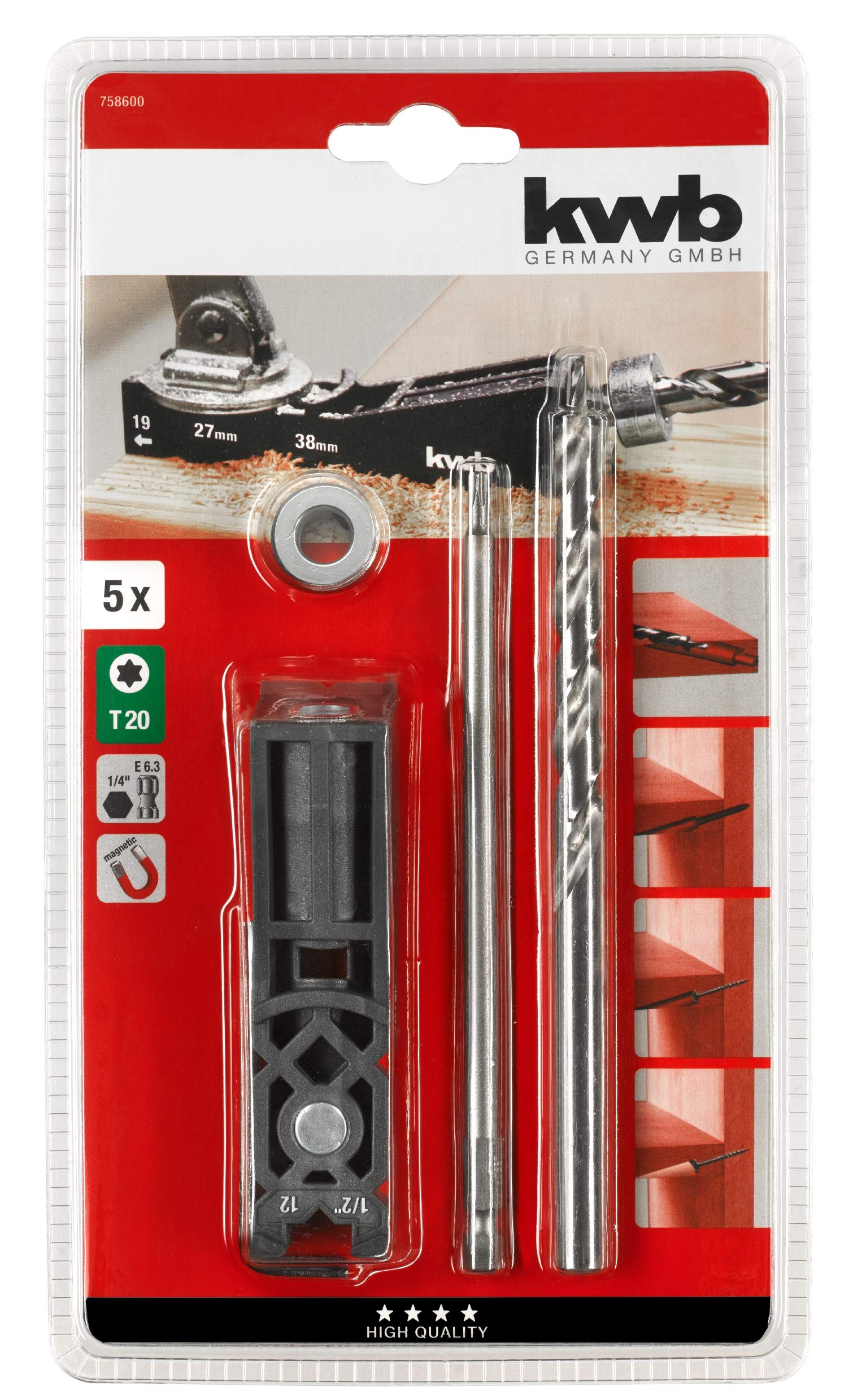 kwb Gabarit de perçage/guide de perçage pour trous de poche, y compris mèche de 9 mm, butée de profondeur et embout TX-20 150 mm