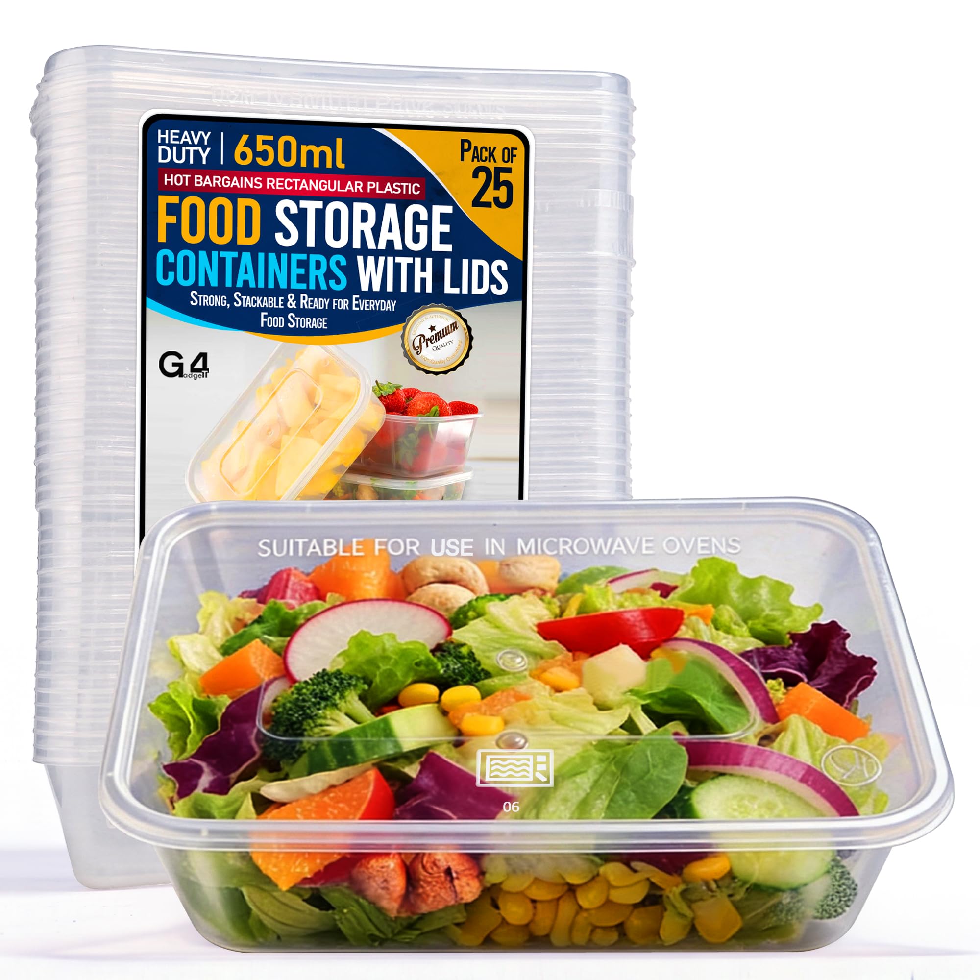 G4GADGET 25 x 650ml Plastic Food Containers with Lids – Disposable & Reusable Microwave Safe Takeaway Meal Prep Containers – Heavy Duty Freezer Safe Food Storage Boxes for Hot & Cold Food