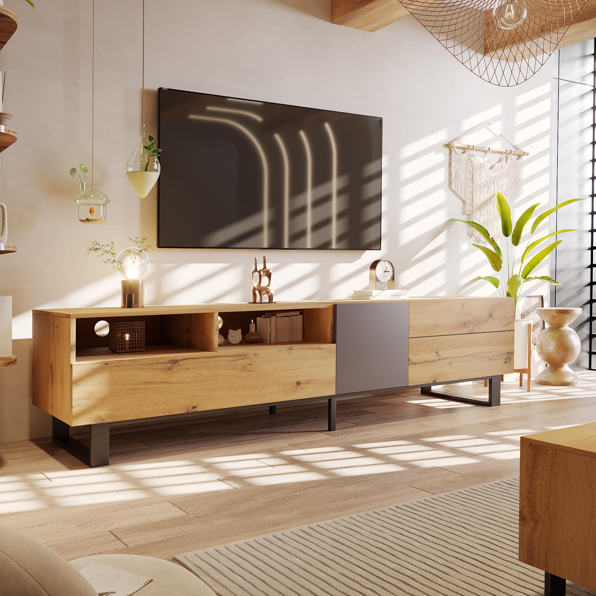 Meuble TV 180 cm Bois et Noir, Table Télévision Salon Rangement Portes Coulissantes sans Poignée, 5 compartimentset 2 tiroirs, Pieds Métal, Lowboard pour Téléviseur jusqu'à 50 kg (180x38x50)