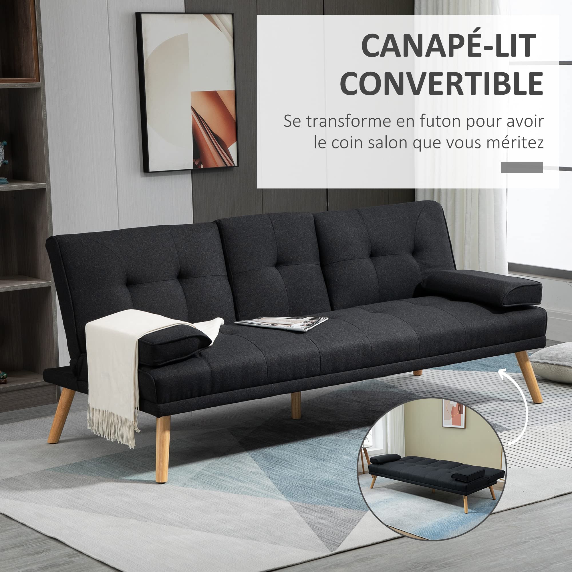 HOMCOM Canapé Convertible 3 Places, canapé-lit rembourré avec Dossier réglable 3 Niveaux, 2 Coussins et 2 Porte-gobelets intégrés, Tissu de Lin, pour Salon, Chambre d'amis, Petit Espace, Gris