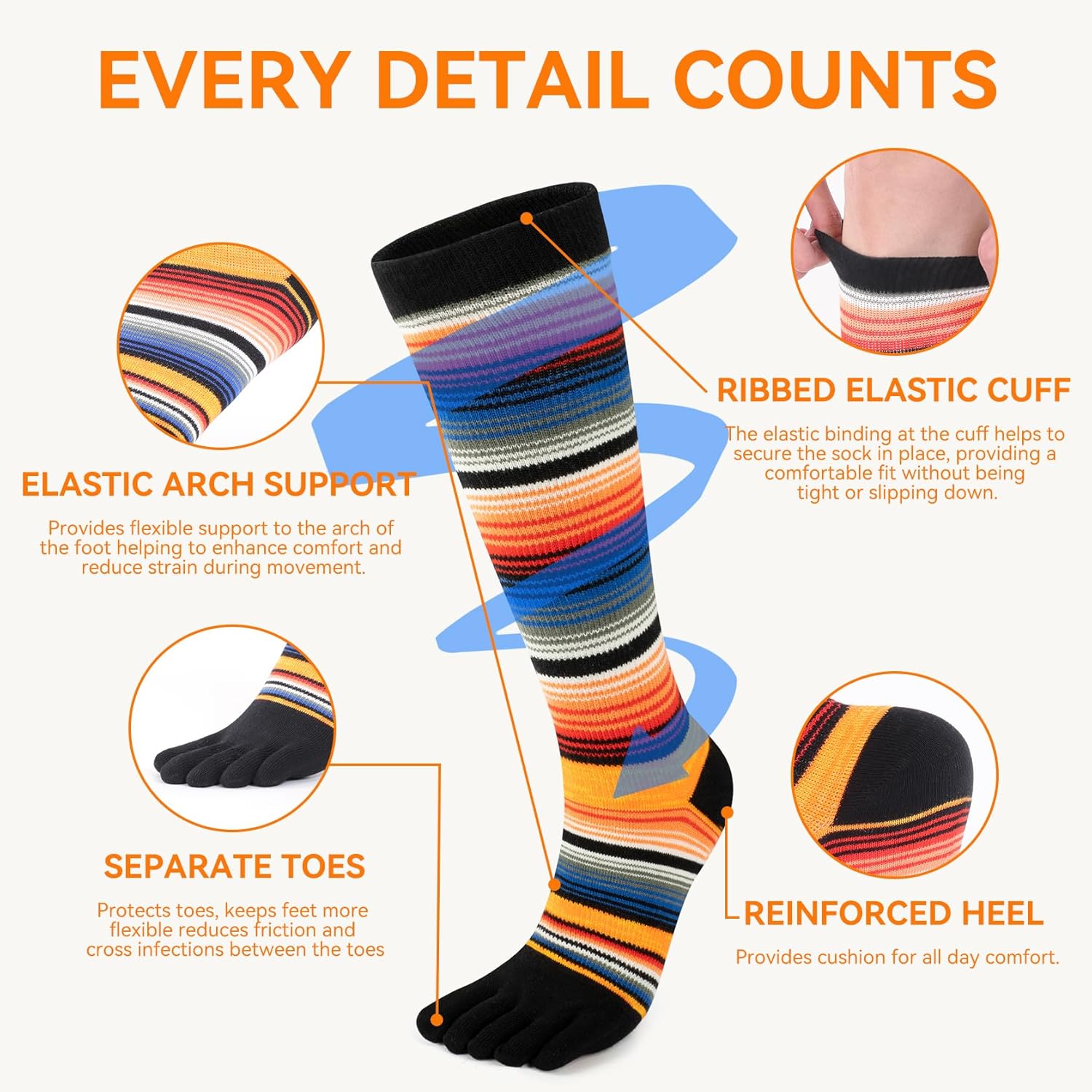 Toe Socks for Men Women Cotton Athletic Running Crew Five Finger Socks Rainbow Stripe Socks - Image 3