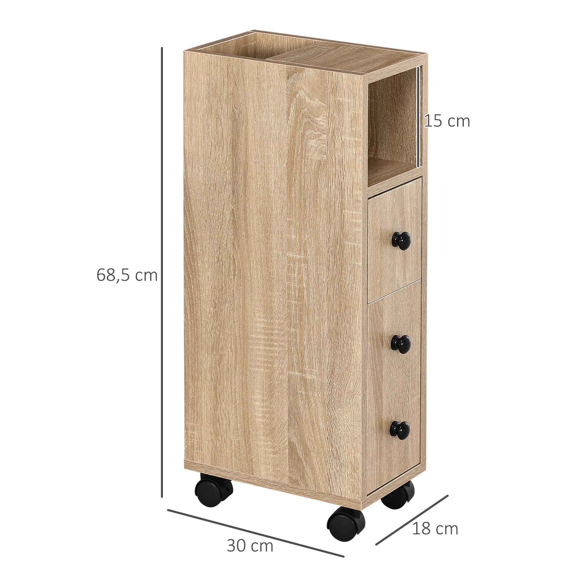 kleankin Armario de Baño con 4 Ruedas Mueble Auxiliar para Baño con Estante Abierto Puerta y Cajón para Espacio Reducido 18x30x68,5 cm Roble