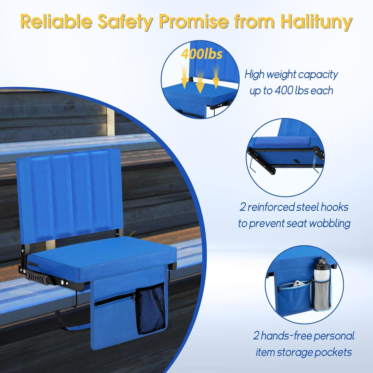 Stadium Seat for Bleachers with Back Support, Portable Bleacher Seat with Wide Comfy Padded Cushion, Metal Hook, Folding Stadium Chair with Shoulder Strap, Carry Handle, Cup Holder