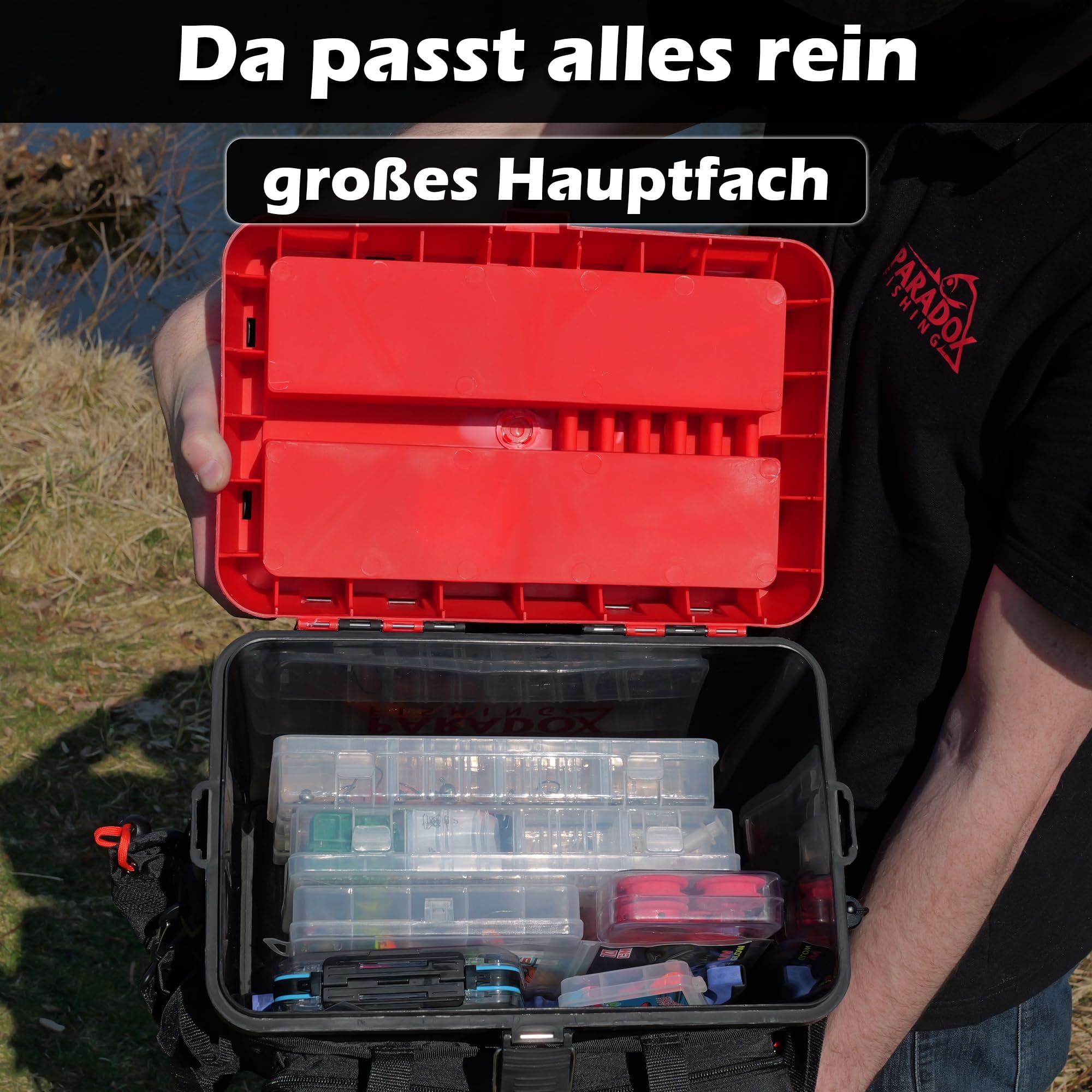 Paradox Fishing 3-in-1 Multifunktions-Sitzkiepe I Angelrucksack I Angeltasche Angelkoffer mit Sitz Angelkoffer- viel Platz für Angelzubehör