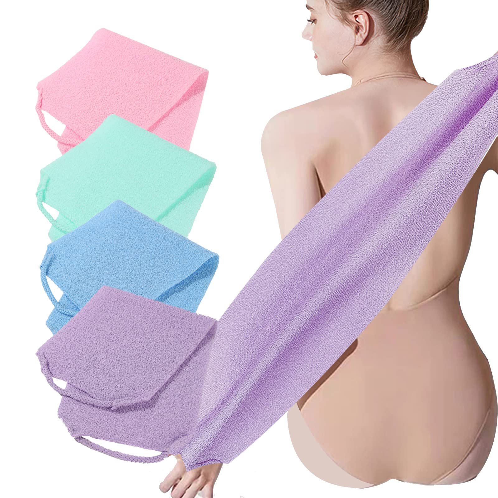 4 Pack Exfoliating Body Scrubber with Handles, Nylon Exfoliating Cloth Extended Length Back Scrubber Stretchable Pull Strap Shower Back Scrubber for