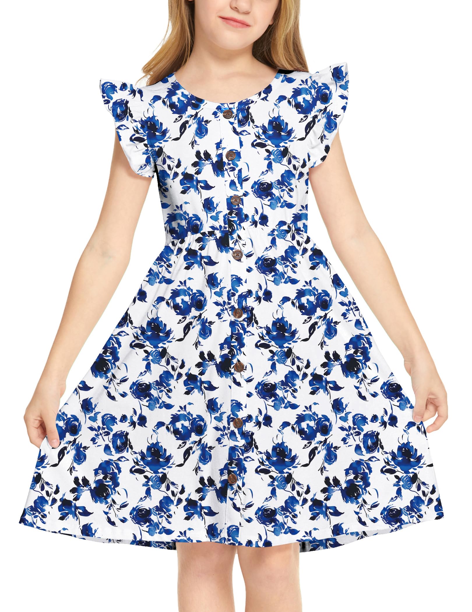 Arshiner Girls Dress Flutter Sleeve A-Line Button Down Sundress Casual Midi Dresses for 4-12 Years Kids