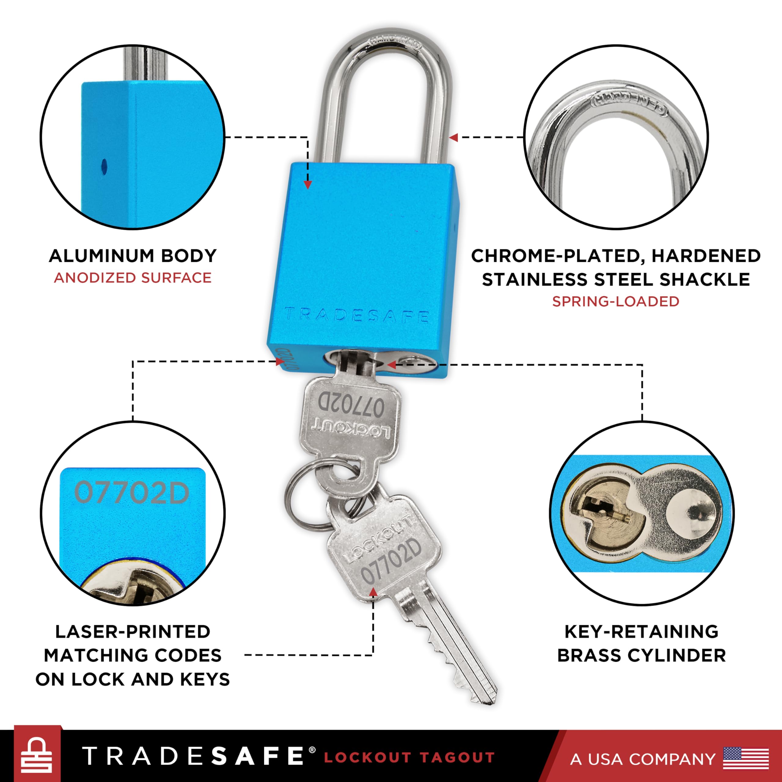 TRADESAFE Juego de cerraduras de bloqueo – 10 cerraduras Loto de aluminio azul, candados con diferentes candados de etiqueta, 2 llaves por candado de bloqueo, cumple con OSHA